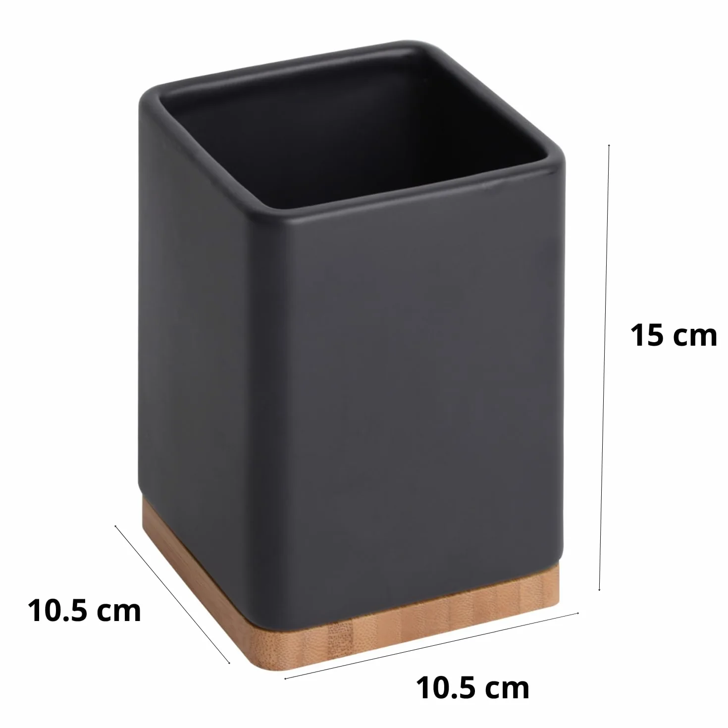 Ceramiczne uchwyty na przybory kuchenne z bambusową podstawą matowy czarny 10,5x10,5x15 cm