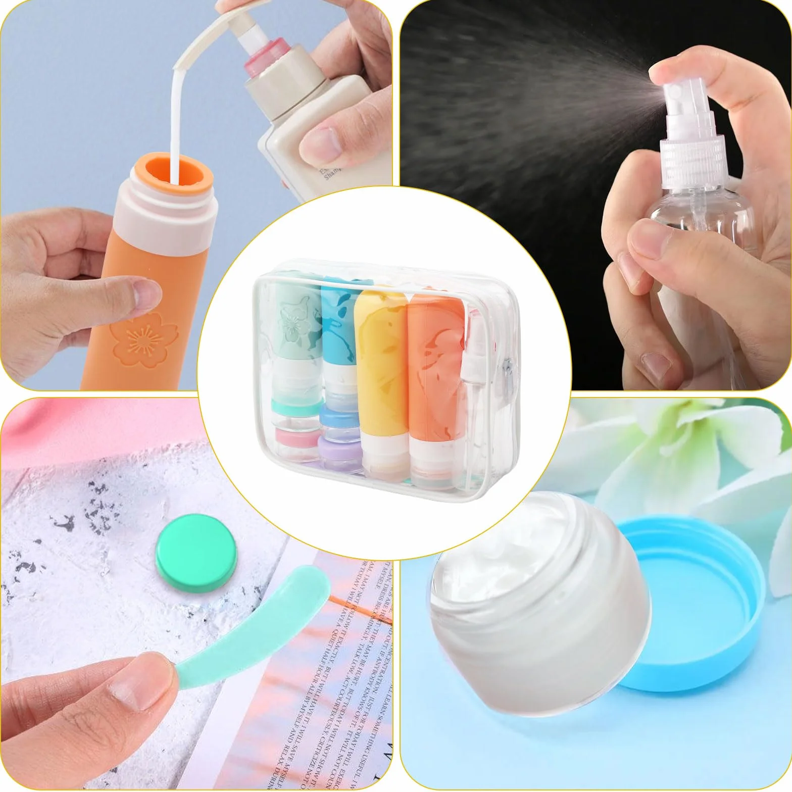 Zestaw 17 silikonowych butelek podróżnych z etykietami, 90 ml, zatwierdzone przez FDA pojemniki podróżne z motywem begonii, zestaw podróżny do napełniania, zestaw podróżny do szamponu, balsamu