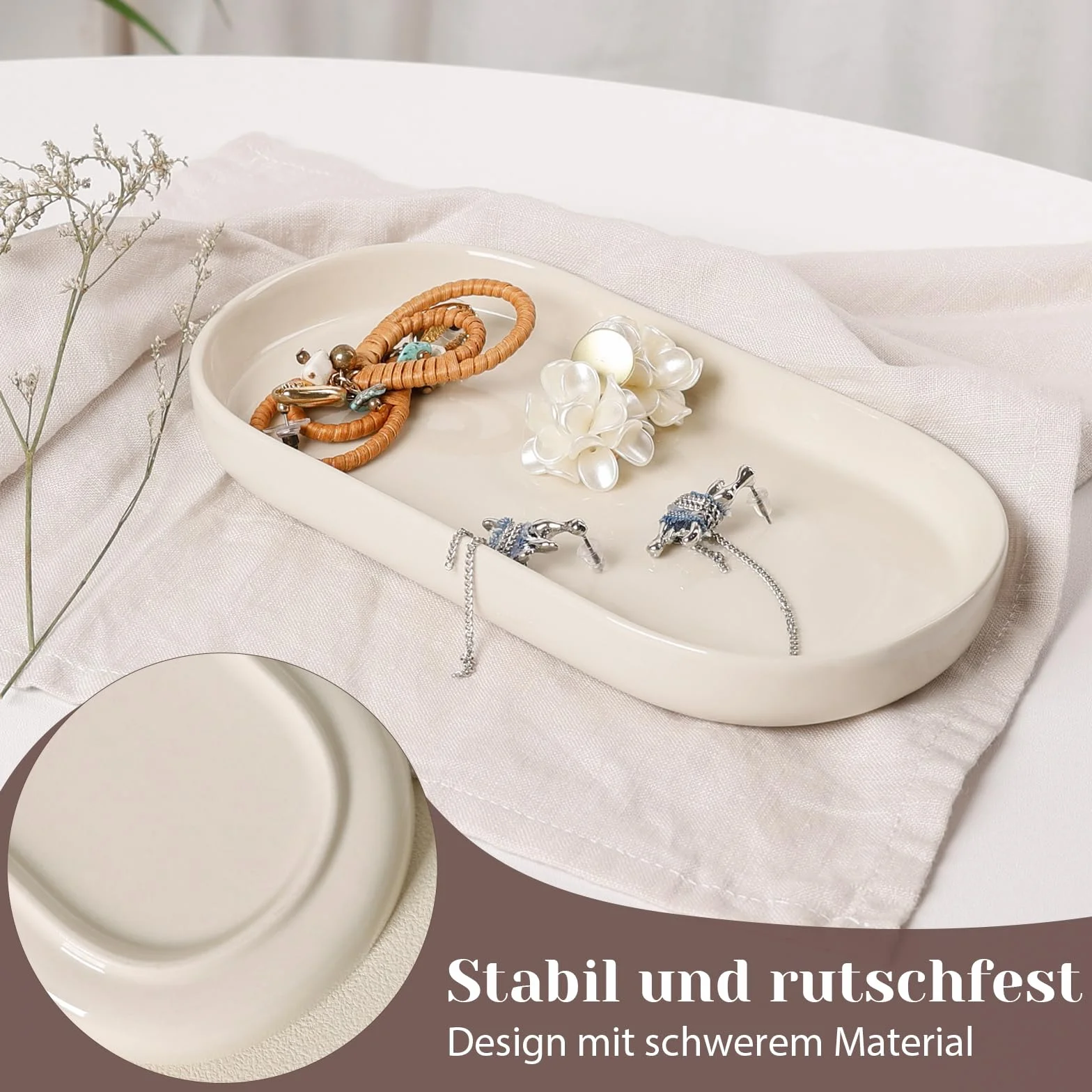 Ceramiczna taca dekoracyjna kremowo-biała mała owalna miska do łazienki