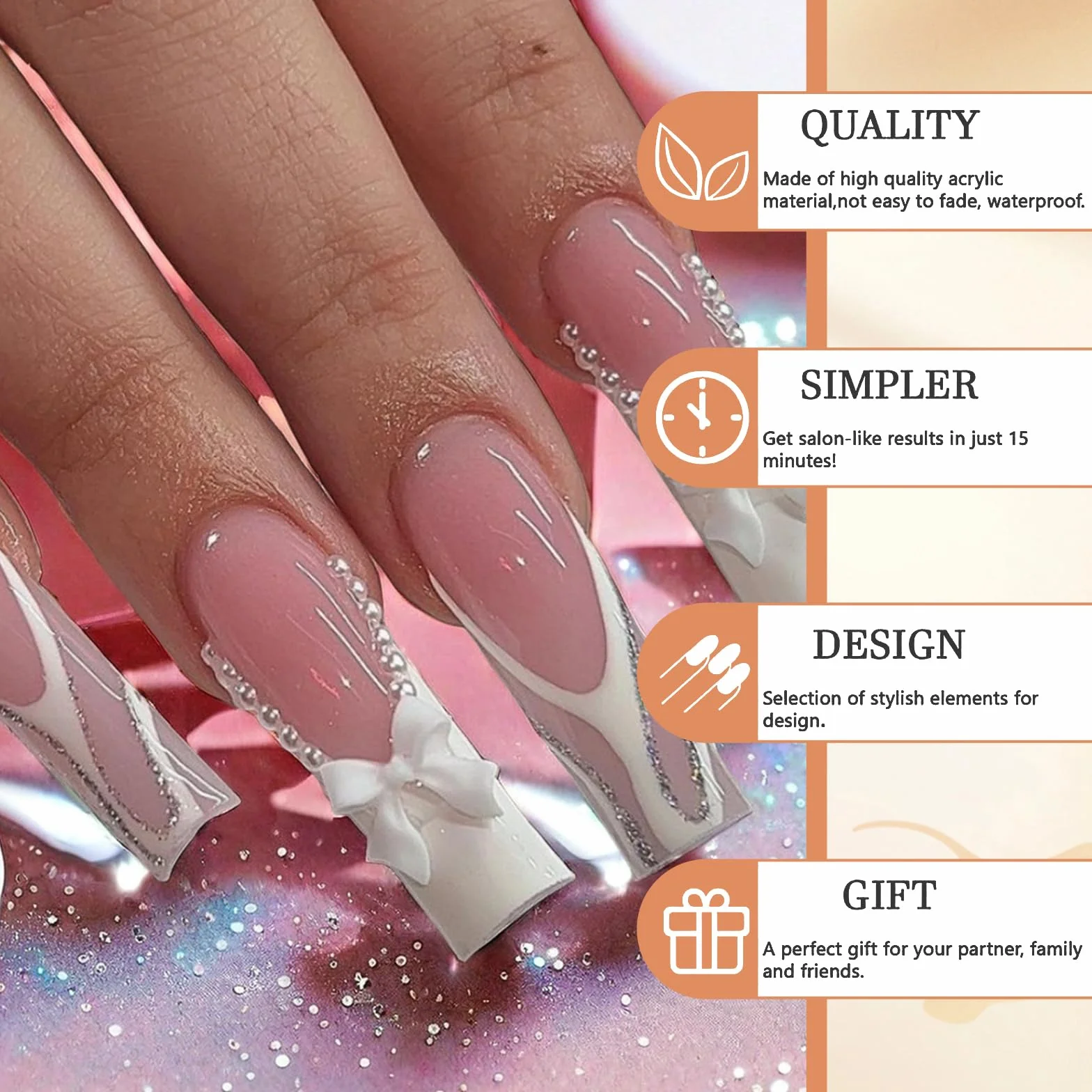 GlamRays French Tip Press On Nails długie, kwadratowe, sztuczne paznokcie, błyszczące, trumienne, sztuczne paznokcie z kokardą i strasem, biała francuska końcówka z perłowymi wzorami, akrylowe