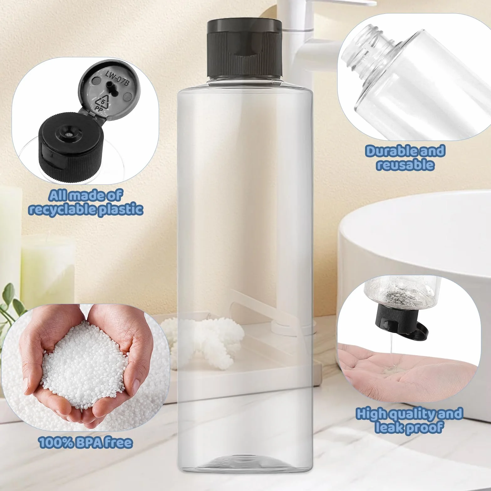 Zestaw butelek podróżnych, 250 ml, z klapką (4 sztuki) pustych dozowników plastikowych butelek, butelki do napełniania kosmetyków z lejkiem (przezroczyste)