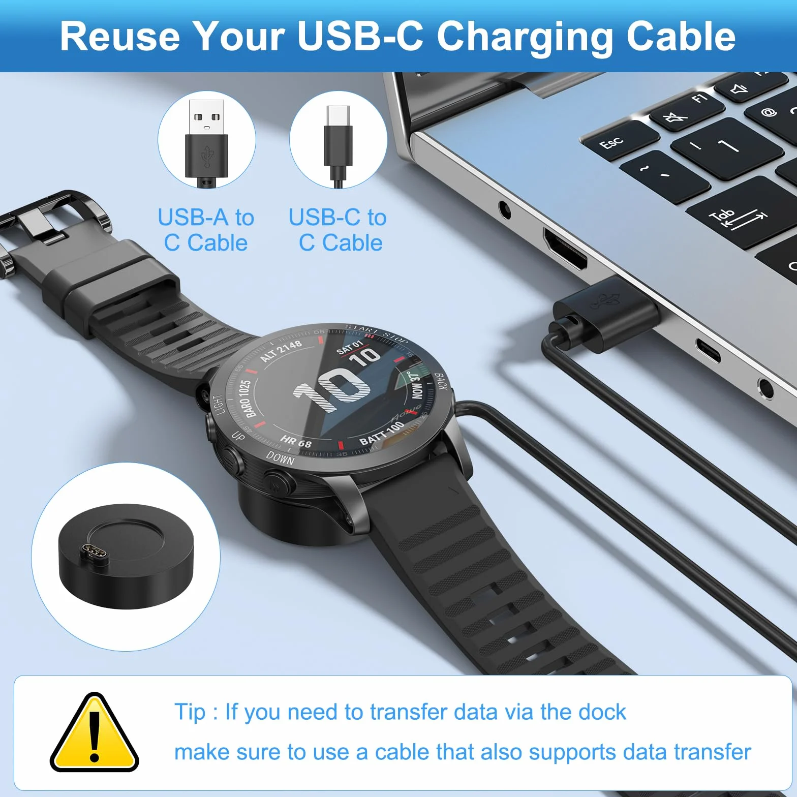 Tobfit Ładowarka USB C adapter do Garmin Venu/2 Plus/Sq/Sq 2 Music/Venu 3/3S/2S, tylko przenośna stacja ładująca ładowarka do zegarka Garmin