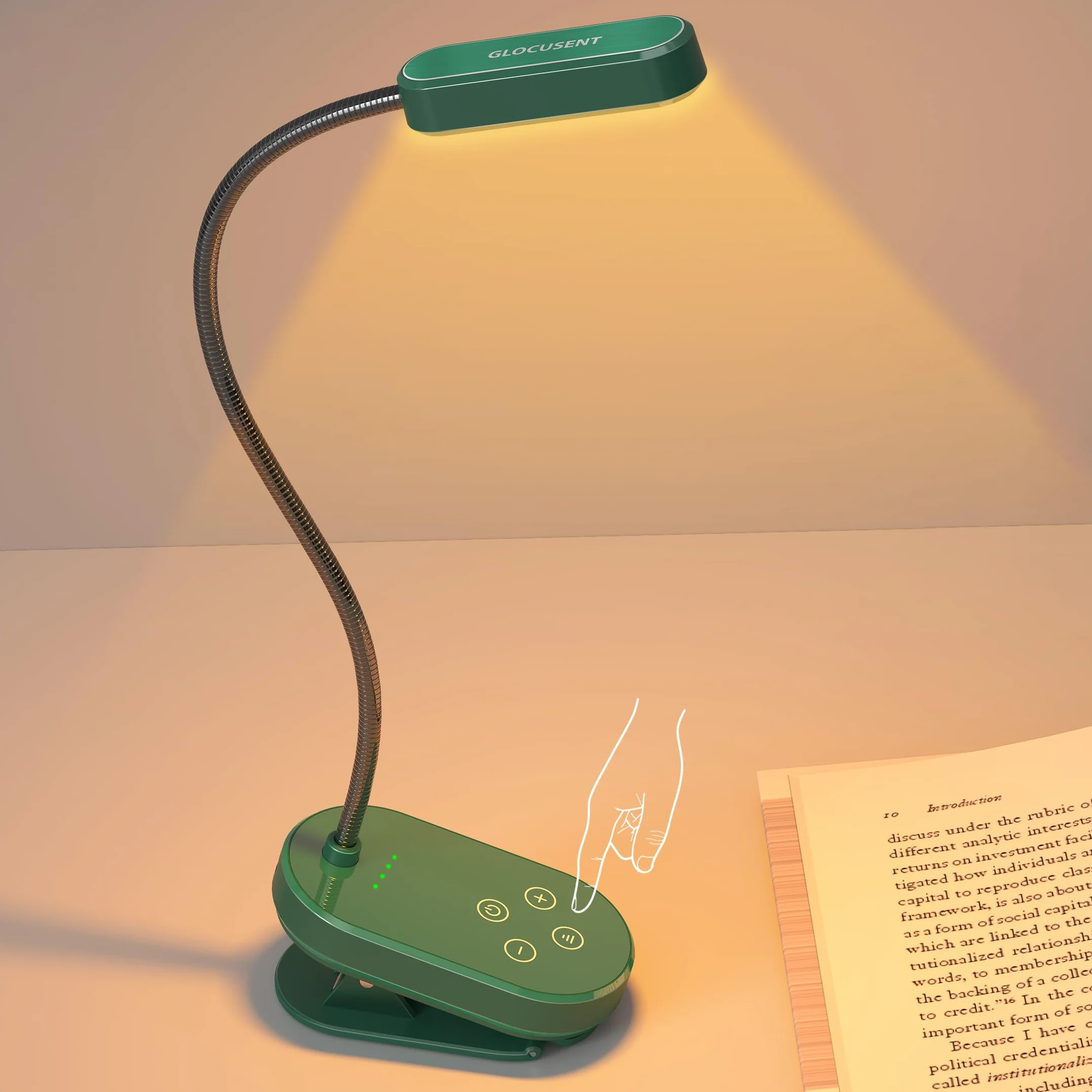 Glocusent Mini Clip-on Reading Light for Books in Bed, Rechargeable Battery Powered Book Light with 16 LEDs & Up to 80 Hours, 3 Color Modes & 5 Brightness Levels (zielony)