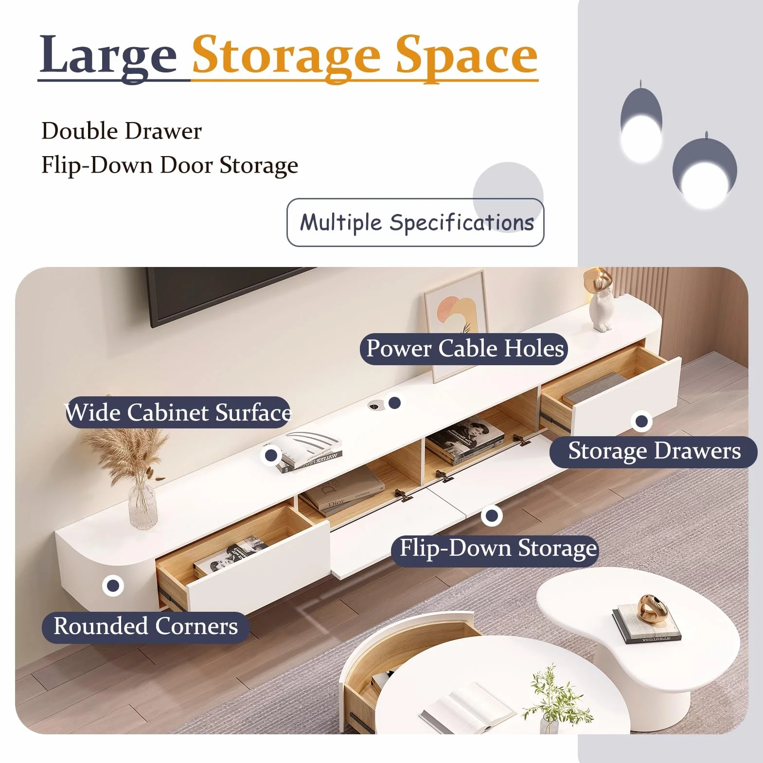 Floating TV Unit Wall Mounted TV Cabinet with 4 Cabinets Wooden Entertainment Media Console Large Storage TV Bench White 200cm