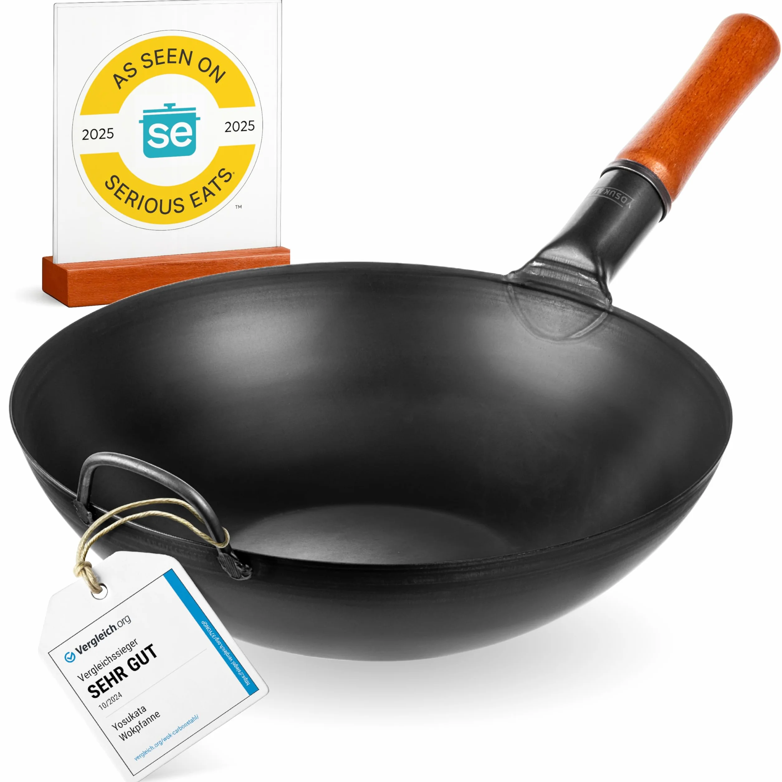 YOSUKATA Wok Stal Węglowa 34 cm - Chiński Wok z Płaskim Dnem do Stir Fry i Grillowania
