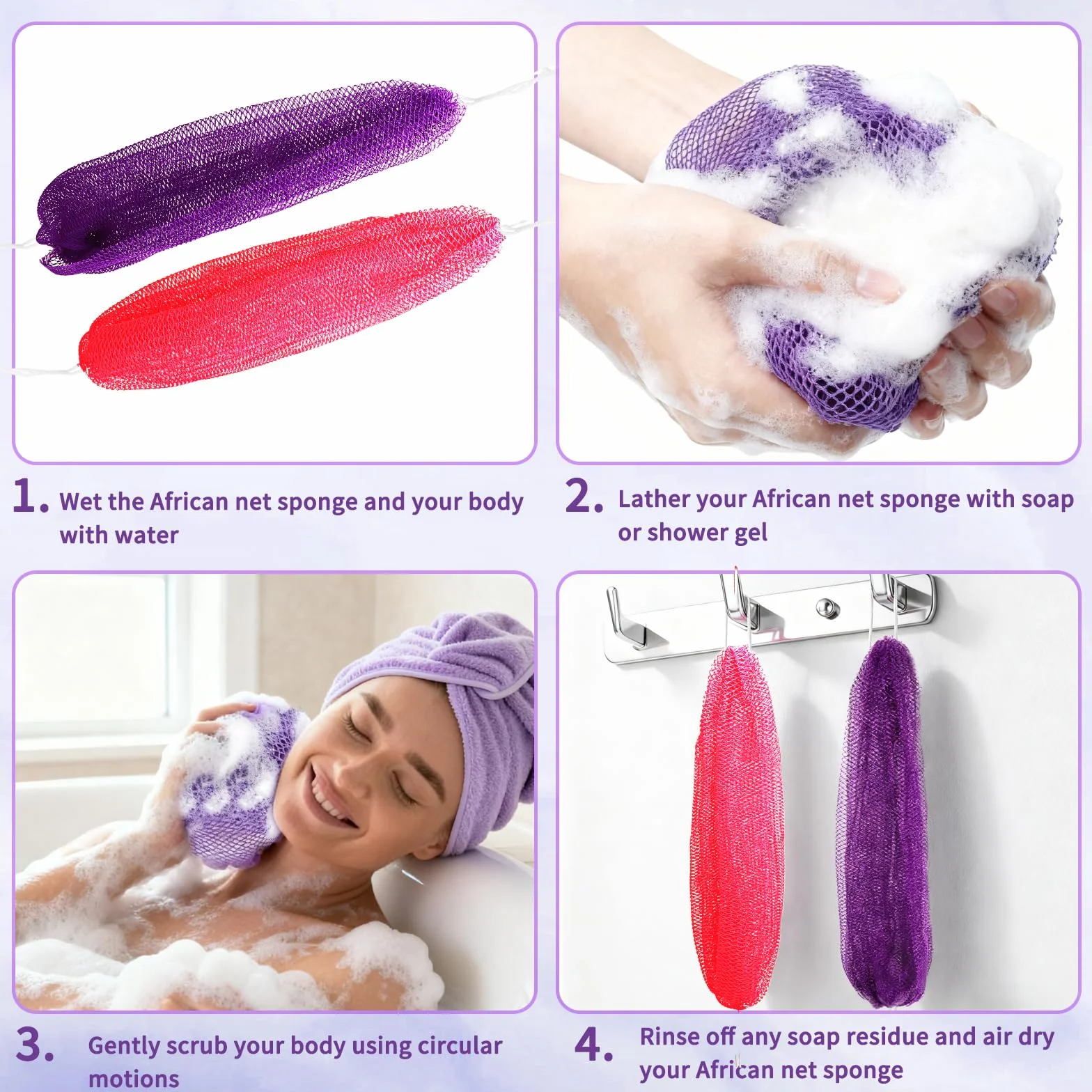Afrykańska gąbka siatkowa z sznurkiem do zawieszania, długa gąbka do peelingu ciała i pleców, gąbka do kąpieli, peeling, gąbka pod prysznic, idealna do codziennej pielęgnacji ciała