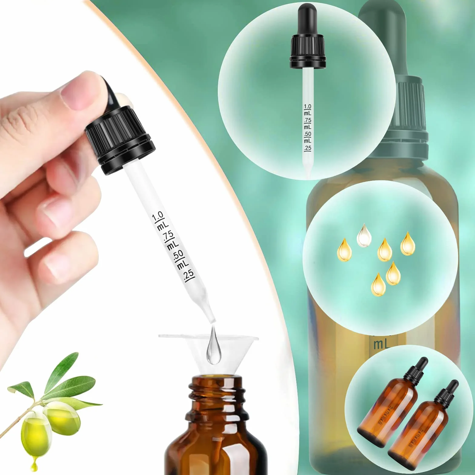 Szklana butelka z pipetą z pipetą, zestaw 2 szt. 50 ml, małe butelki z brązowego szkła, butelki z pipetą, butelki szklane z czarną nasadką z pipetą, 5 akcesoriów pomocniczych