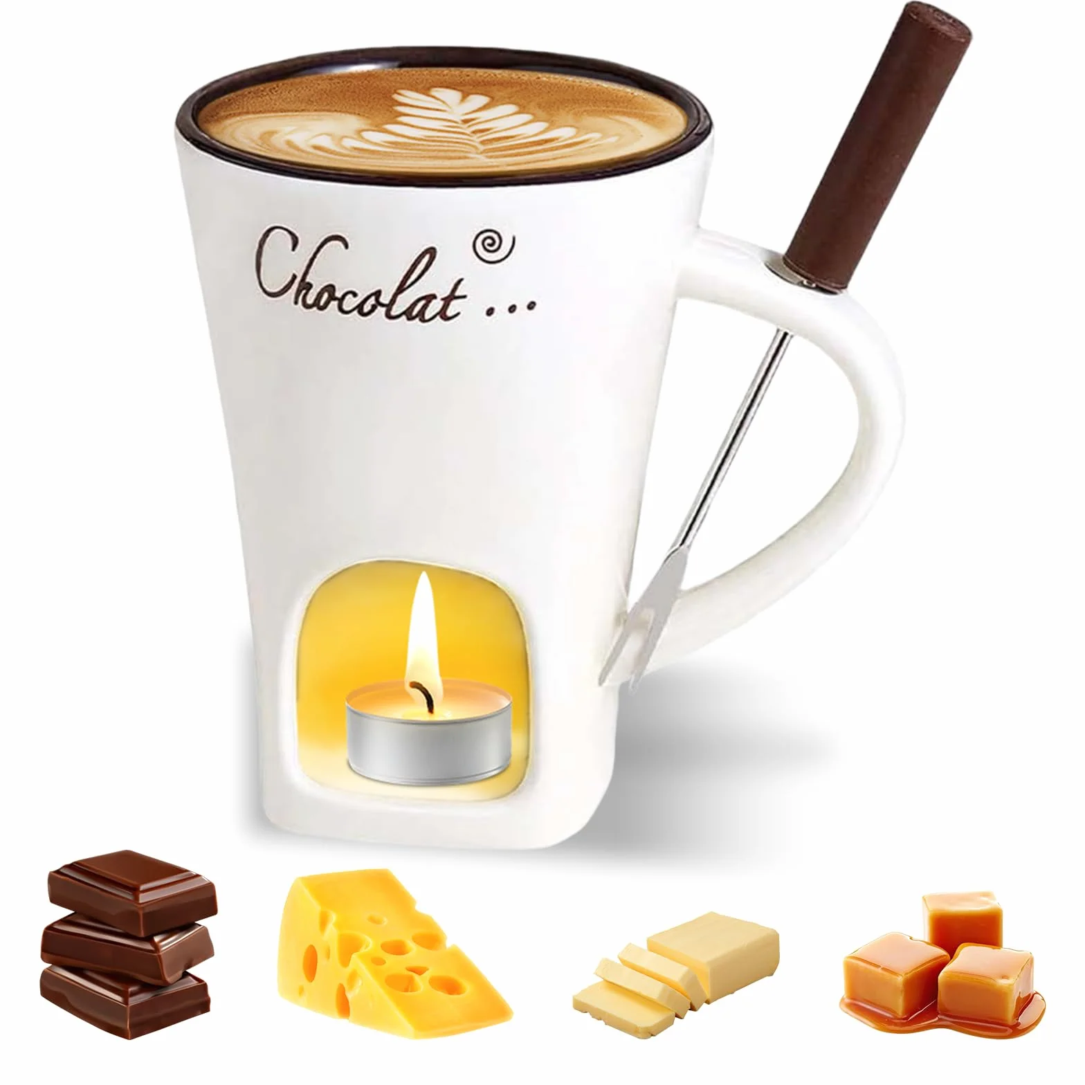 Ceramiczny kubek do fondue czekoladowego 130 ml z widelcem