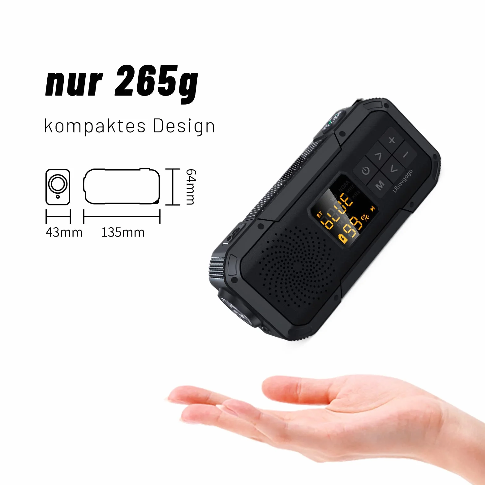 Libovgogo DF-589 małe radio awaryjne z korbą ręczną, wodoszczelny głośnik Bluetooth, przenośne cyfrowe radio AM FM z latarką, lampą błyskową, powerbank 2000 mAh, radio z korbą słoneczną, SOS
