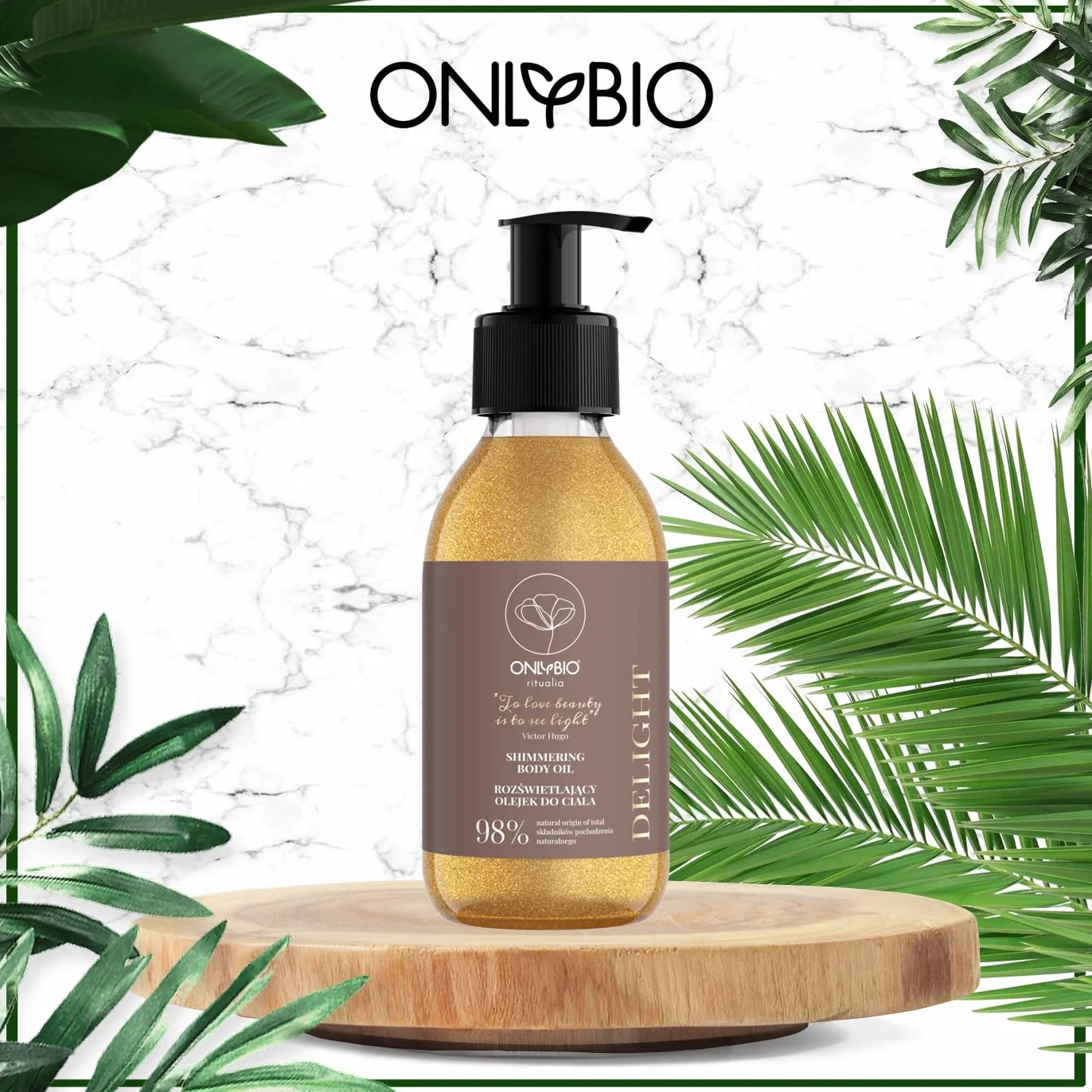ONLYBIO Ritualia DELIGHT złoty iluminujący, połyskujący olejek do ciała, olejek pielęgnacyjny ze słodkimi migdałami, makadamia awokado witaminą E, antyoksydantem – wegański i roślinny