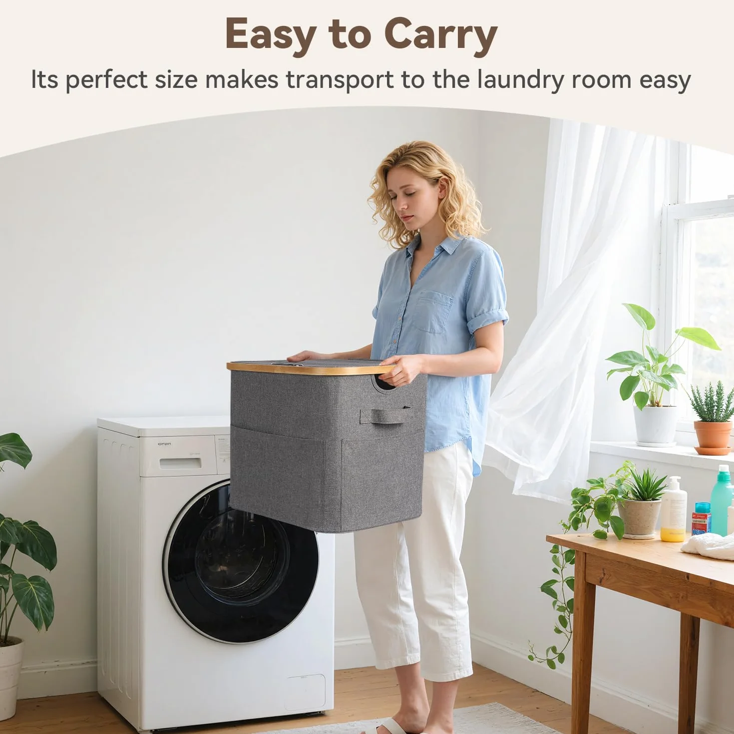 OUSFOT Kosz na brudną bieliznę 50 l, łatwy montaż kosza na bieliznę z uchwytami, 600D Oxford Fabric Brodzik, kosz na pranie do sypialni, pokoju dziecięcego, łazienki, szary