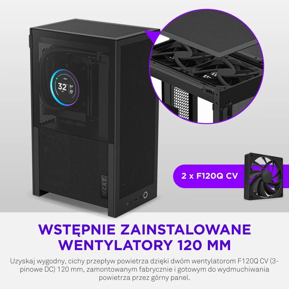NZXT H2 Flow – obudowa PC Mini-ITX 20,7 l o wysokim przepływie powietrza – zawiera 2 wentylatory górne 120 mm i kabel riser PCIe 5.0 – karta graficzna 331 mm – radiator 280 mm – Czarny