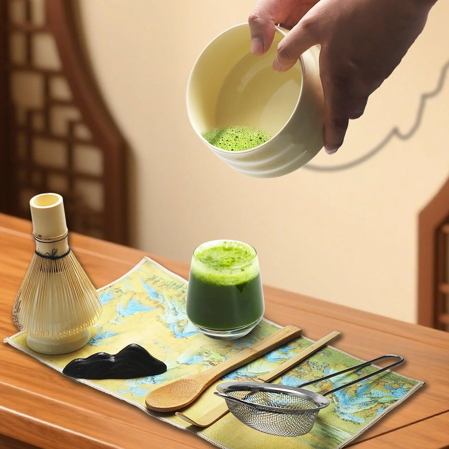 Japoński Zestaw Matcha 8 Elementów z Bambusową Trzepaczką Chasen, Miska, Sitko i Łyżeczka – Premium Akcesoria Matcha dla Początkujących
