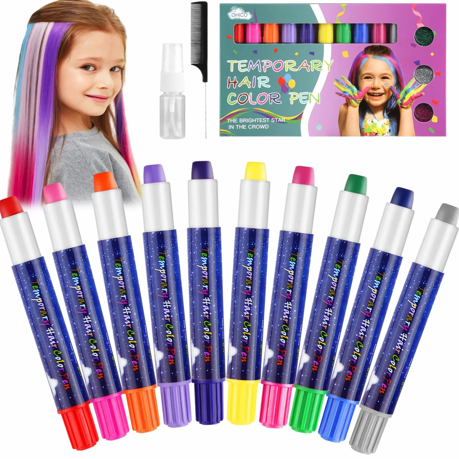 Kreda do włosów dla dzieci Hair Chalk 10 kolorów nietoksyczna zmywalna z grzebieniem i butelką