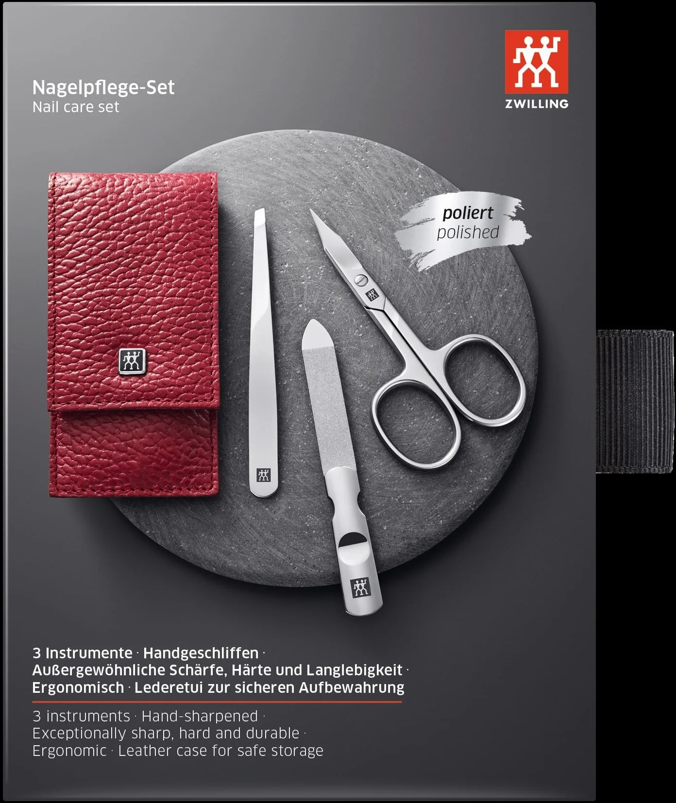ZWILLING Zestaw do manicure (3 części, zestaw do pedicure do pielęgnacji paznokci i skórek, skórzany, z nożyczkami do paznokci), polerowana stal nierdzewna, czerwony
