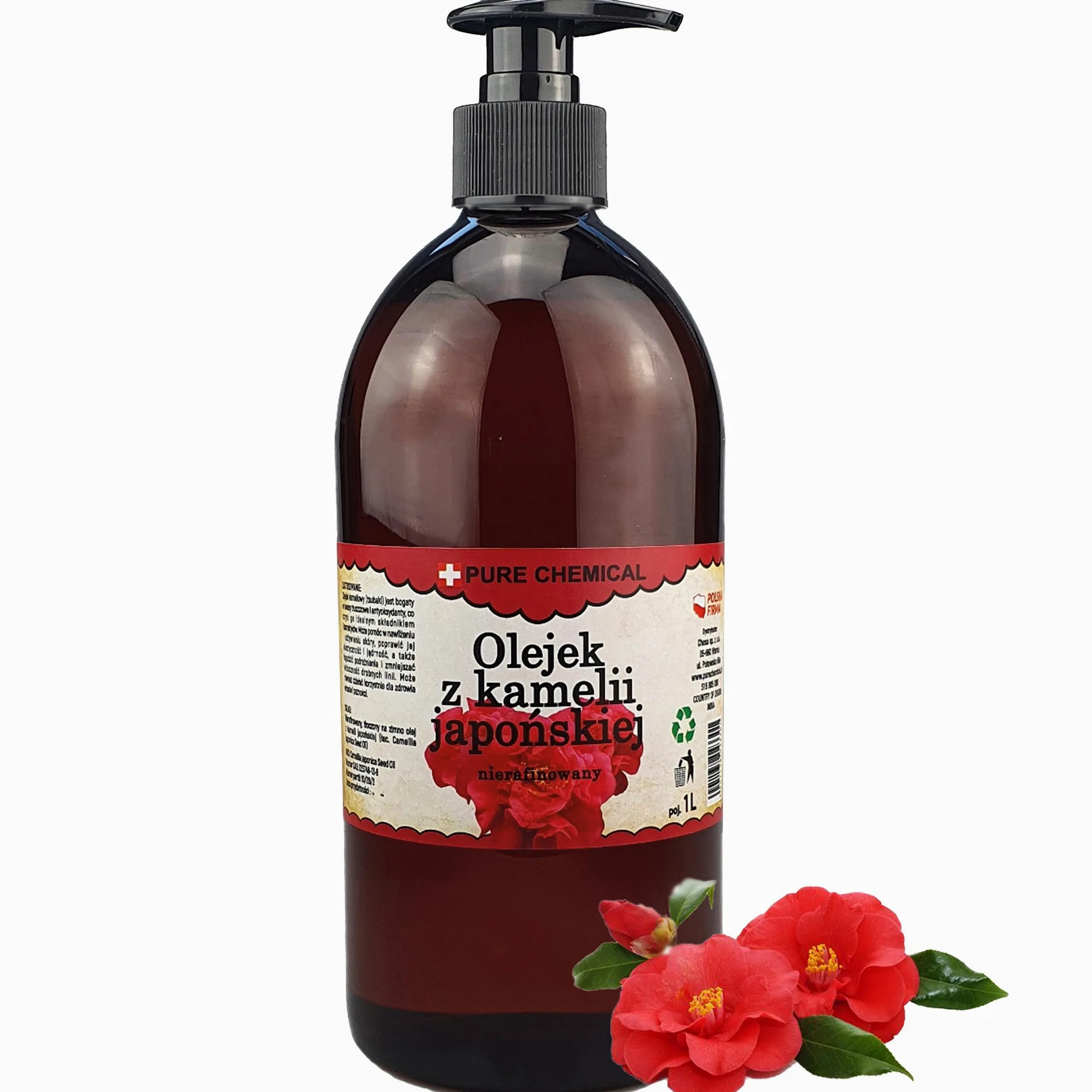 PURE CHEMICAL - Tsubaki Japoński Olej kameliowy 1L+Dozownik - Nierafinowany - Do twarzy włosów Oleje kosmetyczne - Olej kameliowy - Naturalny - Tłoczony na zimno (1L + dozownik)