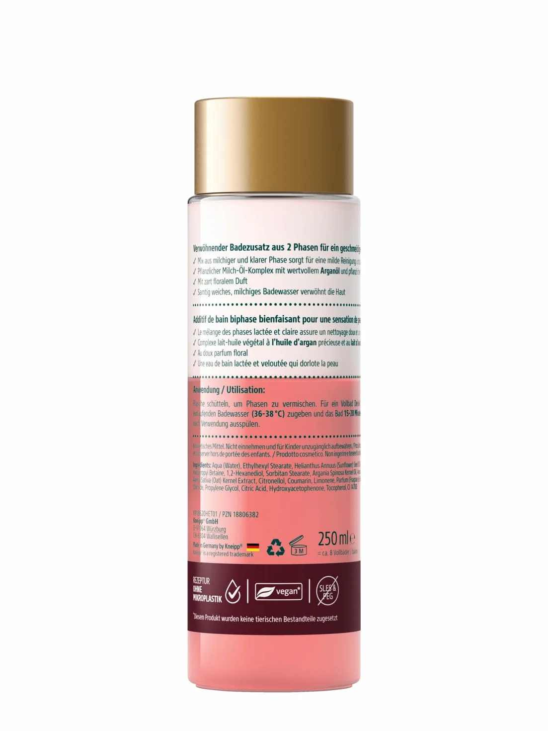 Kneipp 2-fazowe mleczko do kąpieli arganowe, luksusowy, rozpieszczający dodatek do kąpieli z roślinnego kompleksu mleczno-olejowego, cenny olej arganowy i mleko owsiane, łagodne czyszczenie i