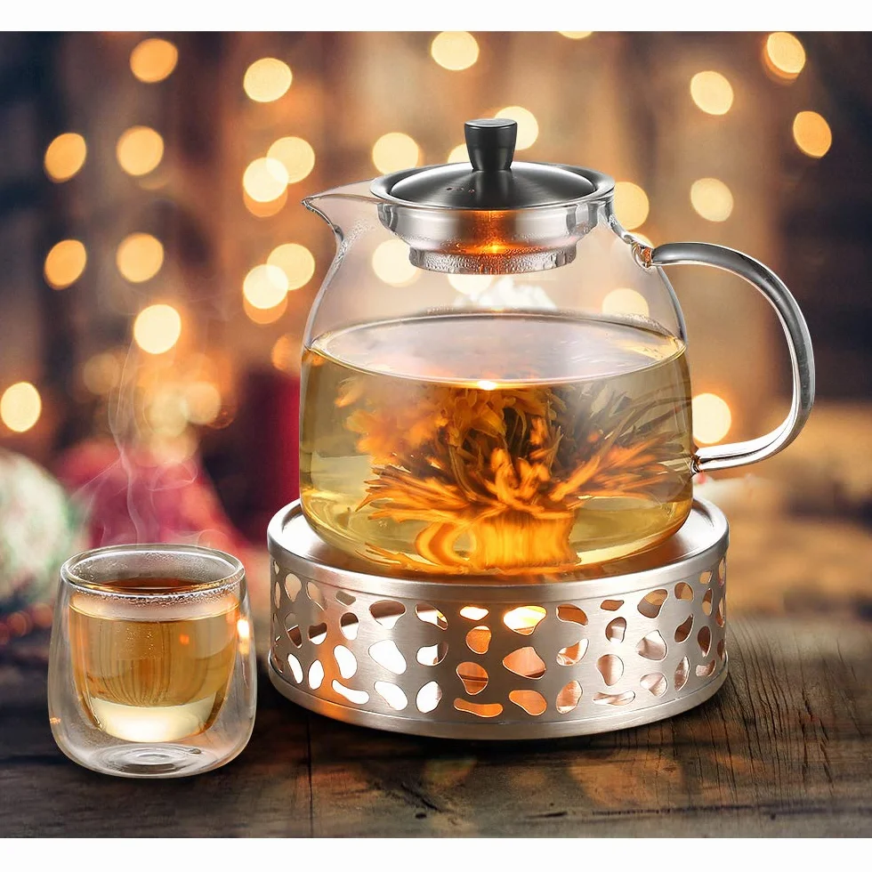 Ecooe Szklany czajniczek z zaparzaczem 1000 ml, bezbarwny szklany czajniczek z wyjmowanym zaparzaczem ze stali nierdzewnej, do czarnej herbaty zielonej herbaty zapachowej herbaty owocowej