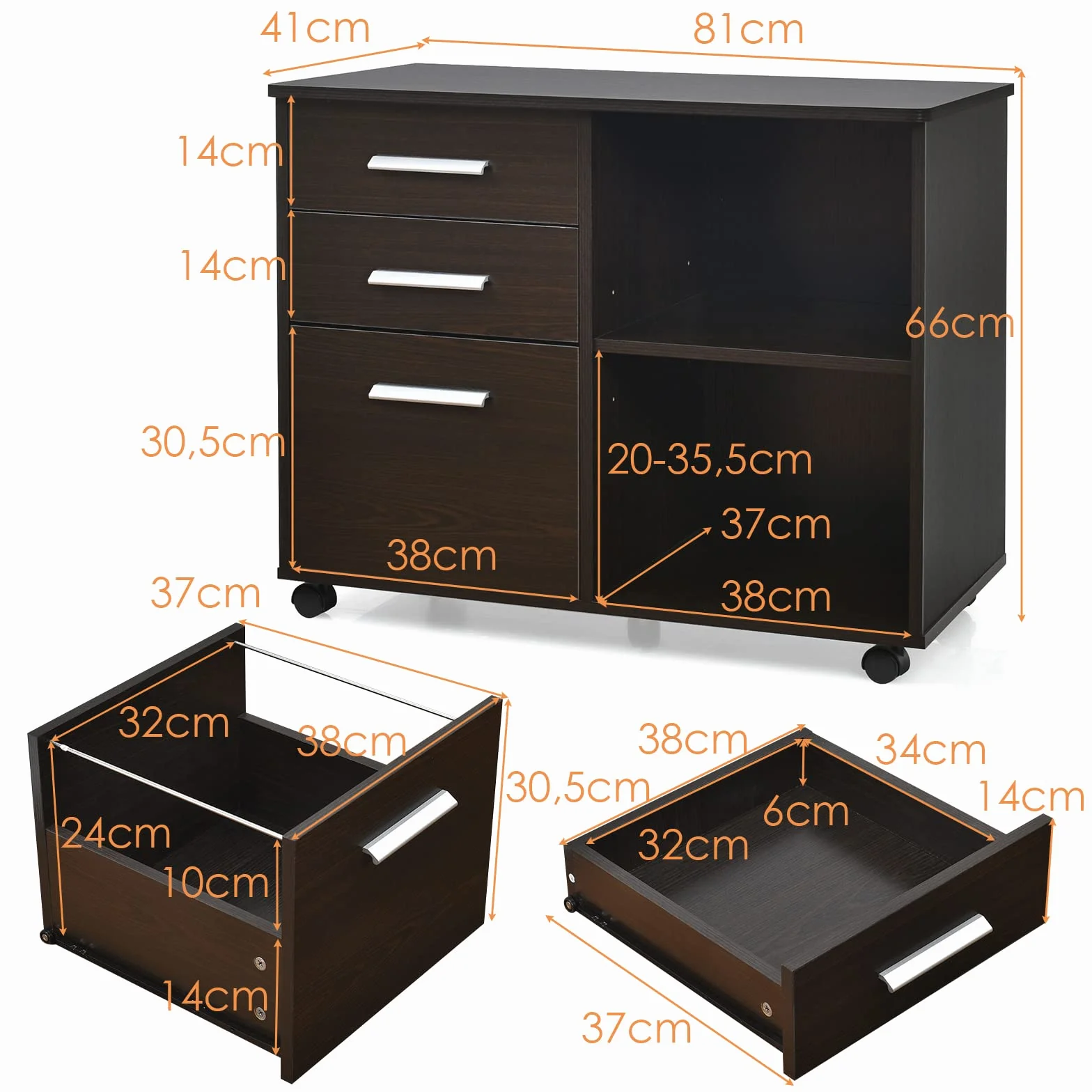 GOPLUS Przenośna szafka na akta z 3 szufladami i 2 półkami, 81 x 41 cm