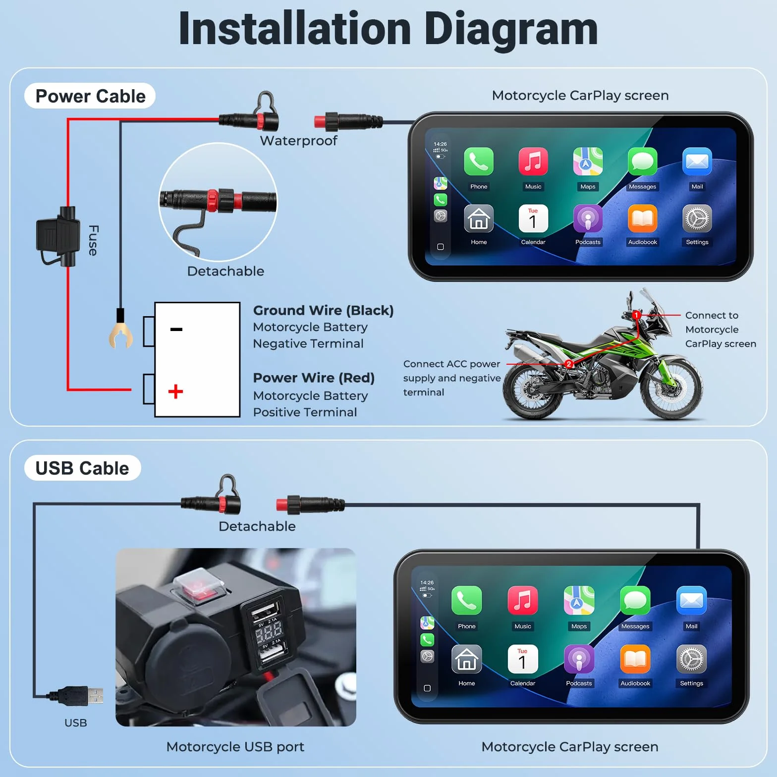 622 bezprzewodowy ekran CarPlay do motocykla, 6" wodoodporny ekran dotykowy z czujnikiem światła, obsługuje bezprzewodowe CarPlay i Android Auto, Bluetooth, nawigacja GPS
