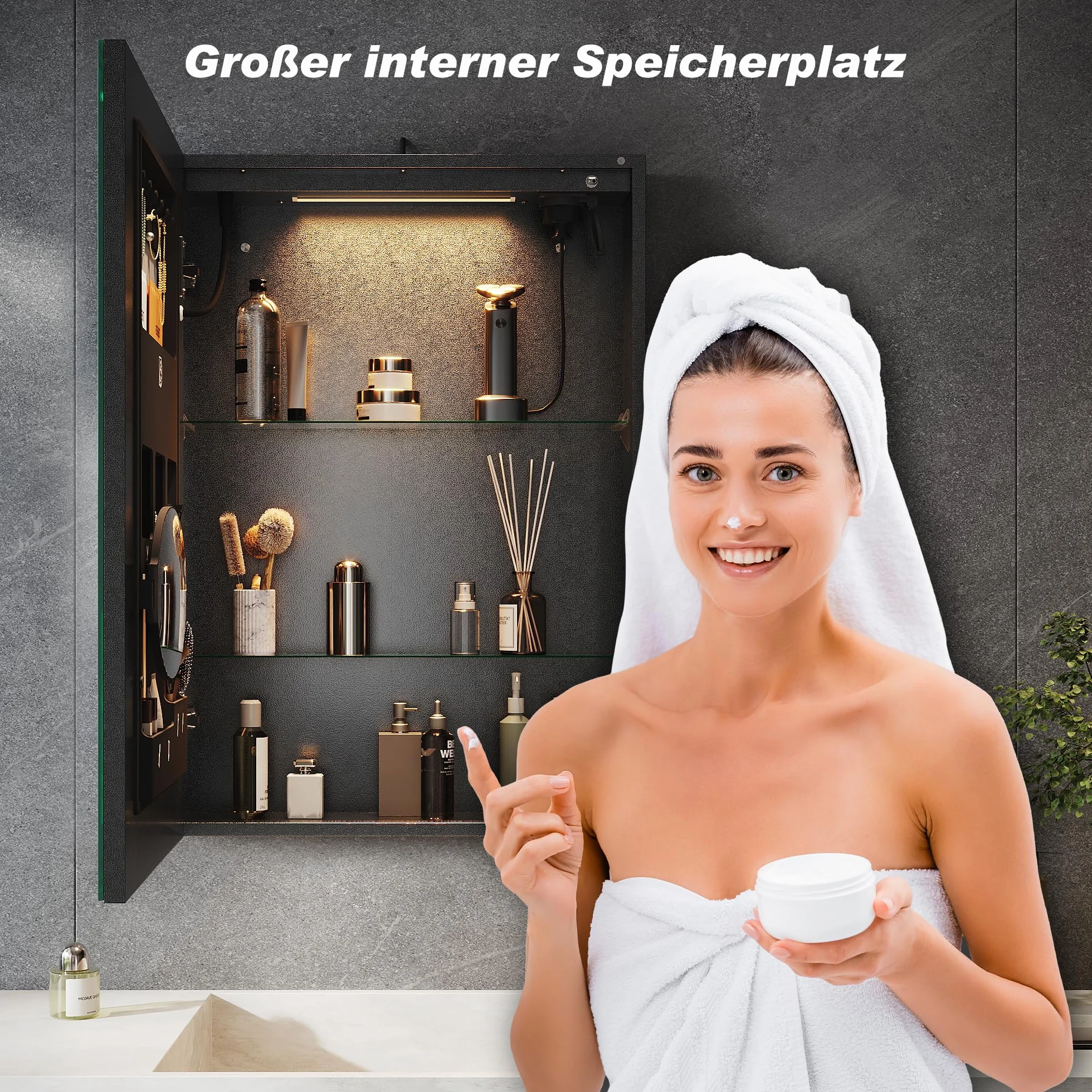 SONNI Szafka z lustrem LED z organizerem na kosmetyki, 50 x 70 cm, gniazdko elektryczne i 3-krotne powiększenie, 3 kolory światła, możliwość przyciemniania – ciemnoszara