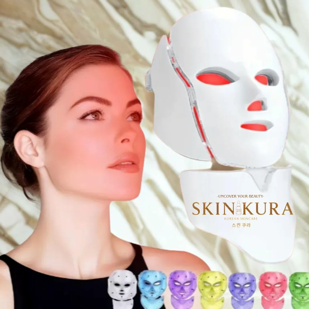 Skinkura LED maseczka do twarzy i szyi – 7 kolorowej terapii światłem, przeciwstarzeniowa, odmładzanie skóry Collagen – maska na twarz z przyciskiem dotykowym, 7 kolorów - Photon LED