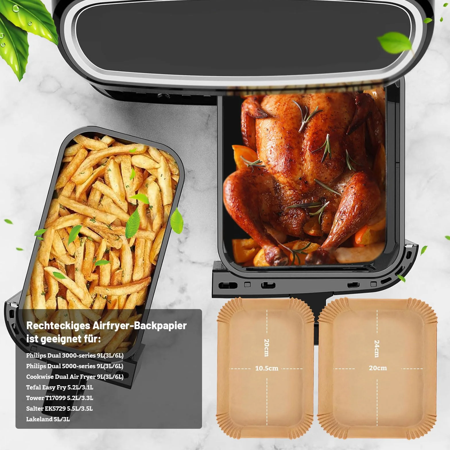 Papier do pieczenia do frytkownicy beztłuszczowej 6 l/3 l, kompatybilny z frytkownicą Phillips z dwoma szufladami serii 3000/5000 i Tefal z dwoma szufladami 5,2/3,1 l, 100 sztuk