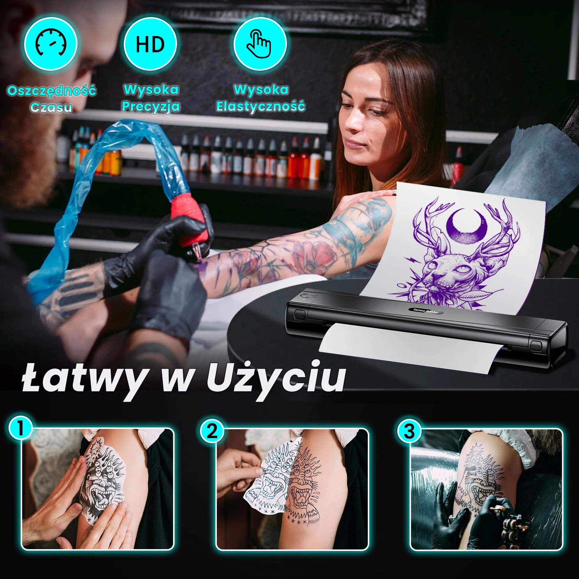 TATTMUSE Drukarka do tatuażu Bluetooth, drukarka szablonowa, 10 sztuk papieru, drukarka transferowa do tatuażu ze smartfonem, PC, drukarka termiczna dla artystów tatuażu i początkujących