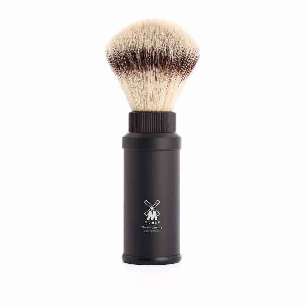 MÜHLE Podróżny pędzel do golenia - Silvertip Fibre pędzel do golenia - uchwyt z czarnego, anodowanego aluminium - ręczne wykonanie - wegański