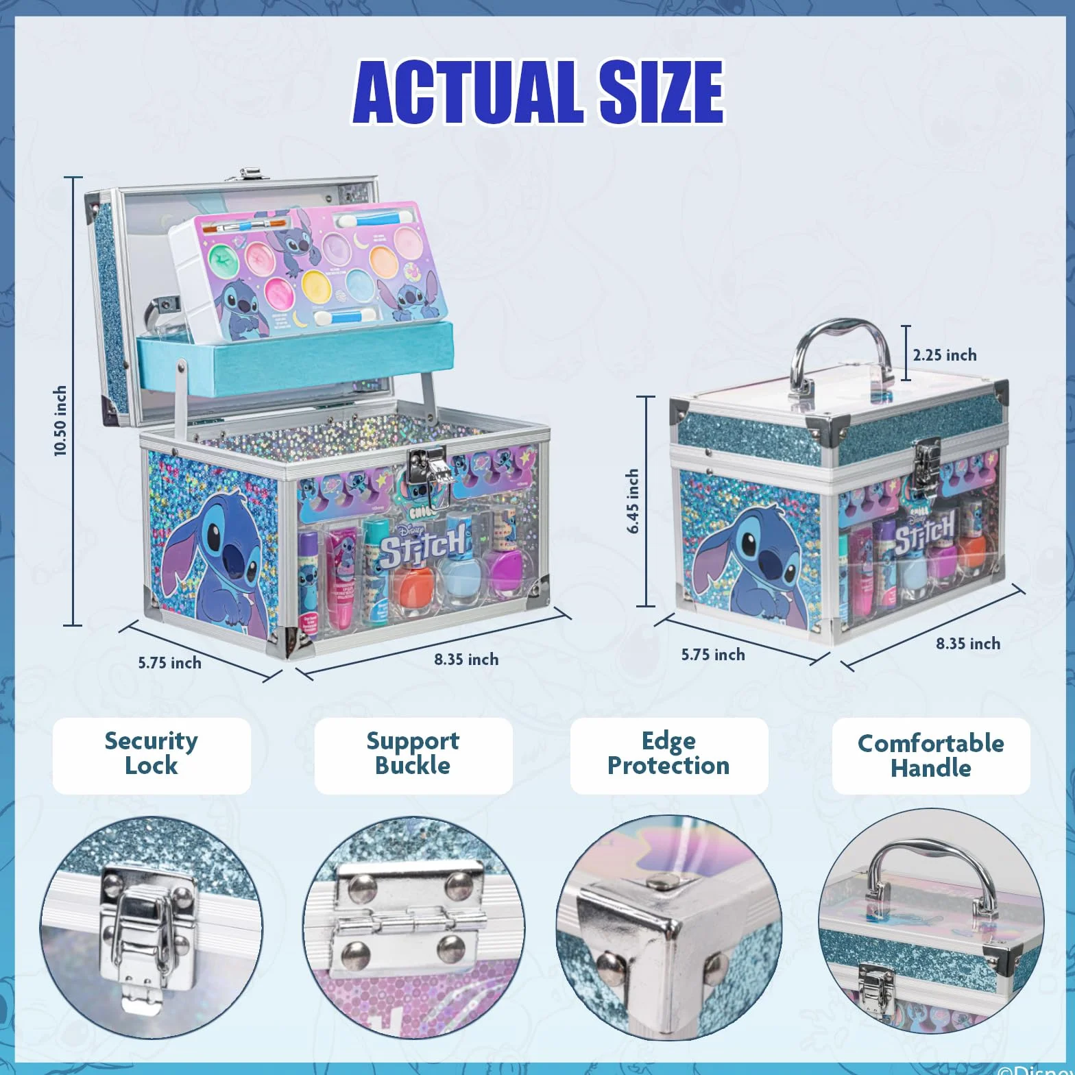 Stitch Zestaw kosmetyków Train Case, zestaw do makijażu dla dziewczynek, prawdziwy zmywalny zestaw do makijażu, makijaż do zabawy, upominek na imprezę, urodziny Townley Girl