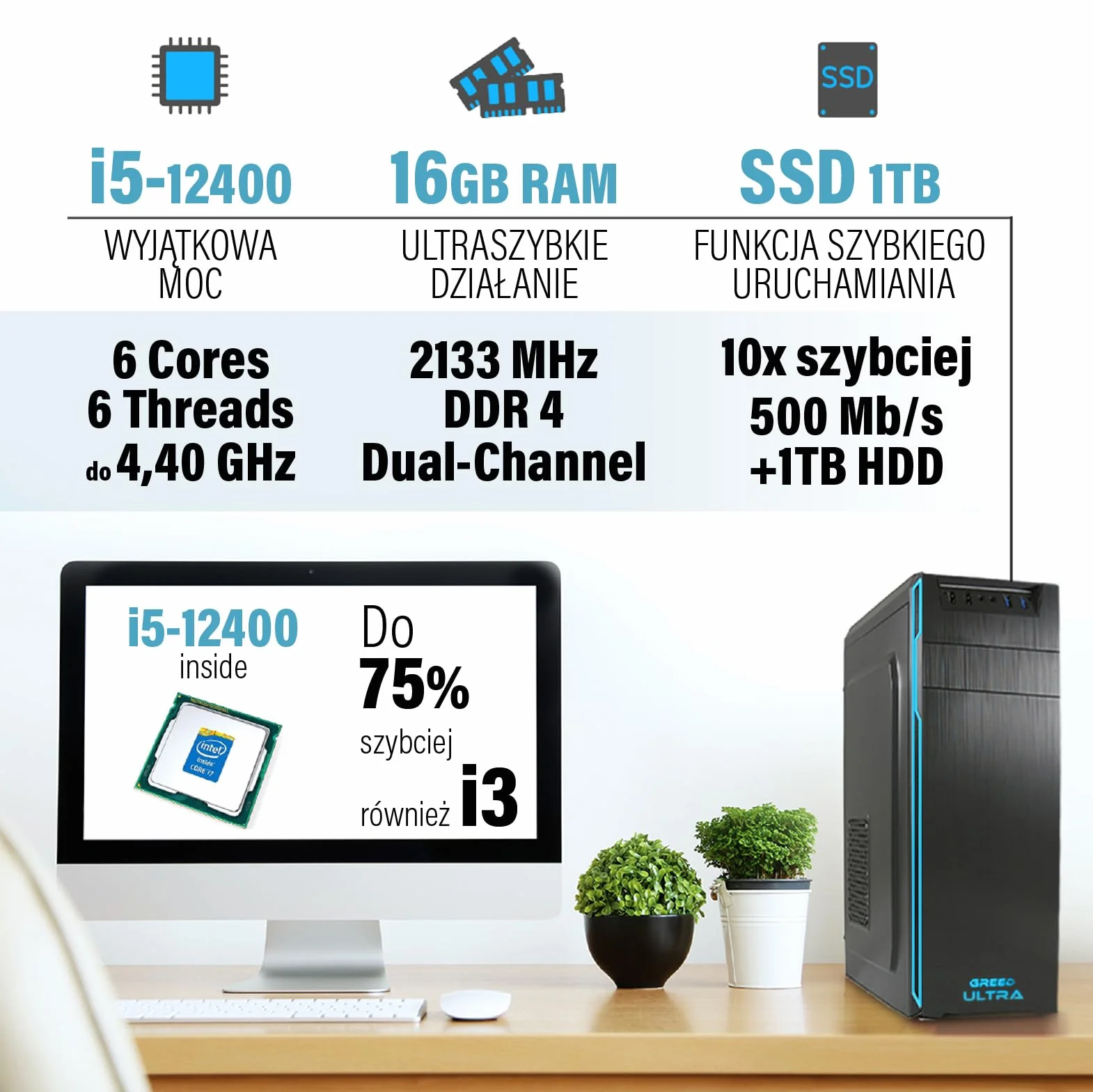 GREED® Ultra PC z Intel Core 12th Gen – szybki komputer + Computer o częstotliwości 4,4 GHz, 16 GB RAM/pamięć operacyjna - 1TB SSD + 1TB HDD - DVD+RW - USB 3.0 - WLAN, Windows 11 Pro
