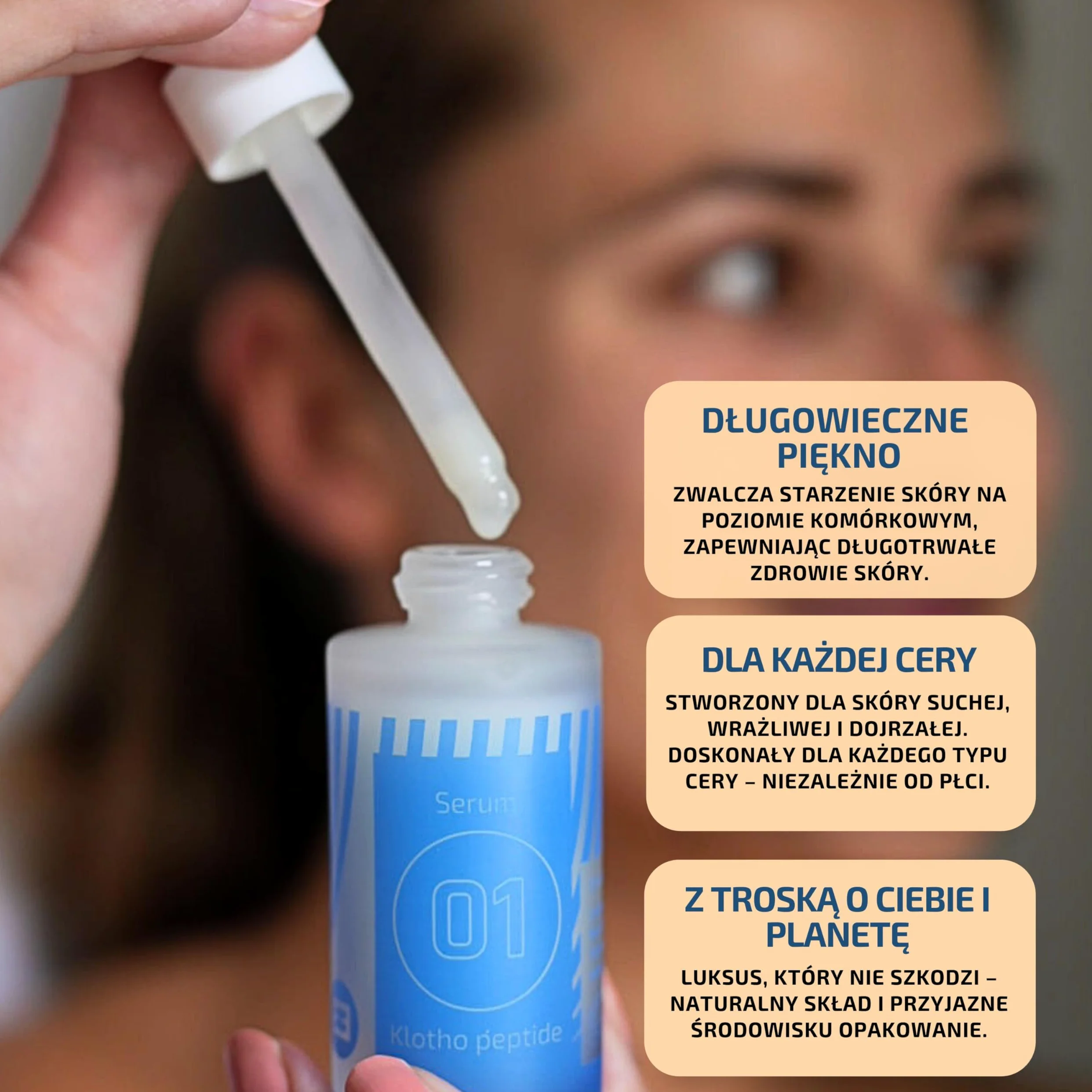 EiE 01 Serum do twarzy z peptydem Klotho – przeciwstarzeniowe i wygładzające z kwasem hialuronowym i retinolem – na zmarszczki i linie mimiczne – wegańskie, bezzapachowe, wyprodukowane w Szwecji 30 ml