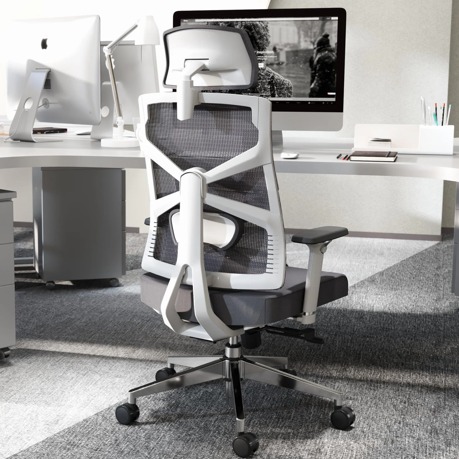 HOLLUDLE Ergonomiczne krzesło biurowe z adaptacyjnym oparciem, 4D podłokietniki, regulowana głębokość siedziska, podparcie lędźwiowe, 2D zagłówek