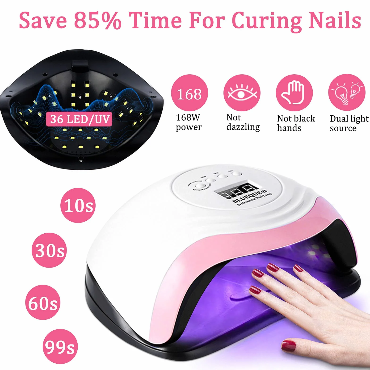 JOYBOY 168W Lámpara LED Uñas,Lampara Secadora de LED/UV,Gel Curado Máquina 36LED y Pantalla LED,Lampara UV LED Uñas con 4 Temporizador de 10s,30s,60s 99s Para Manicura Pedicure Nail Art