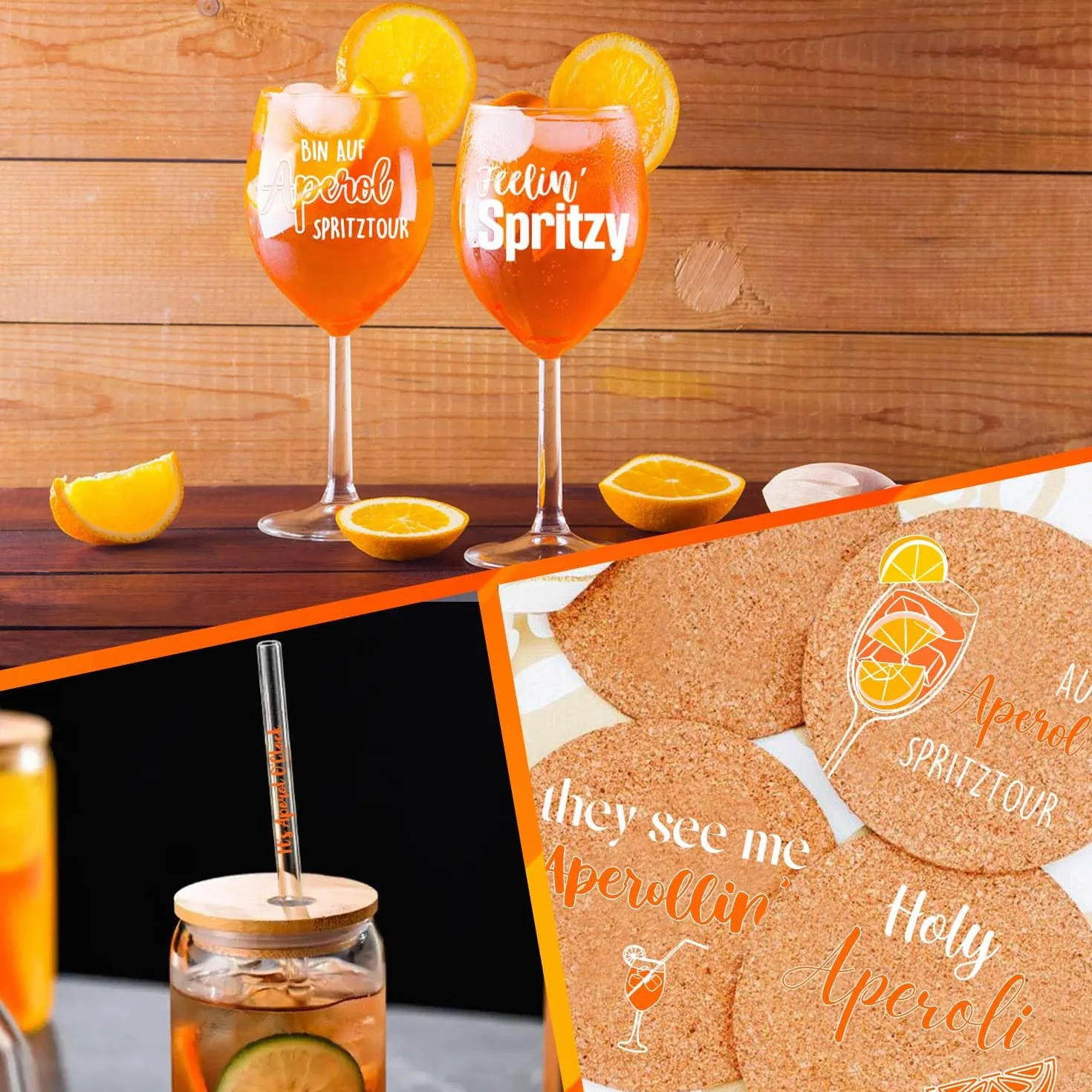 Aperol Spritz Zestaw 3 szklanek Aperol O'Clock szklane słomki podstawki korkowe