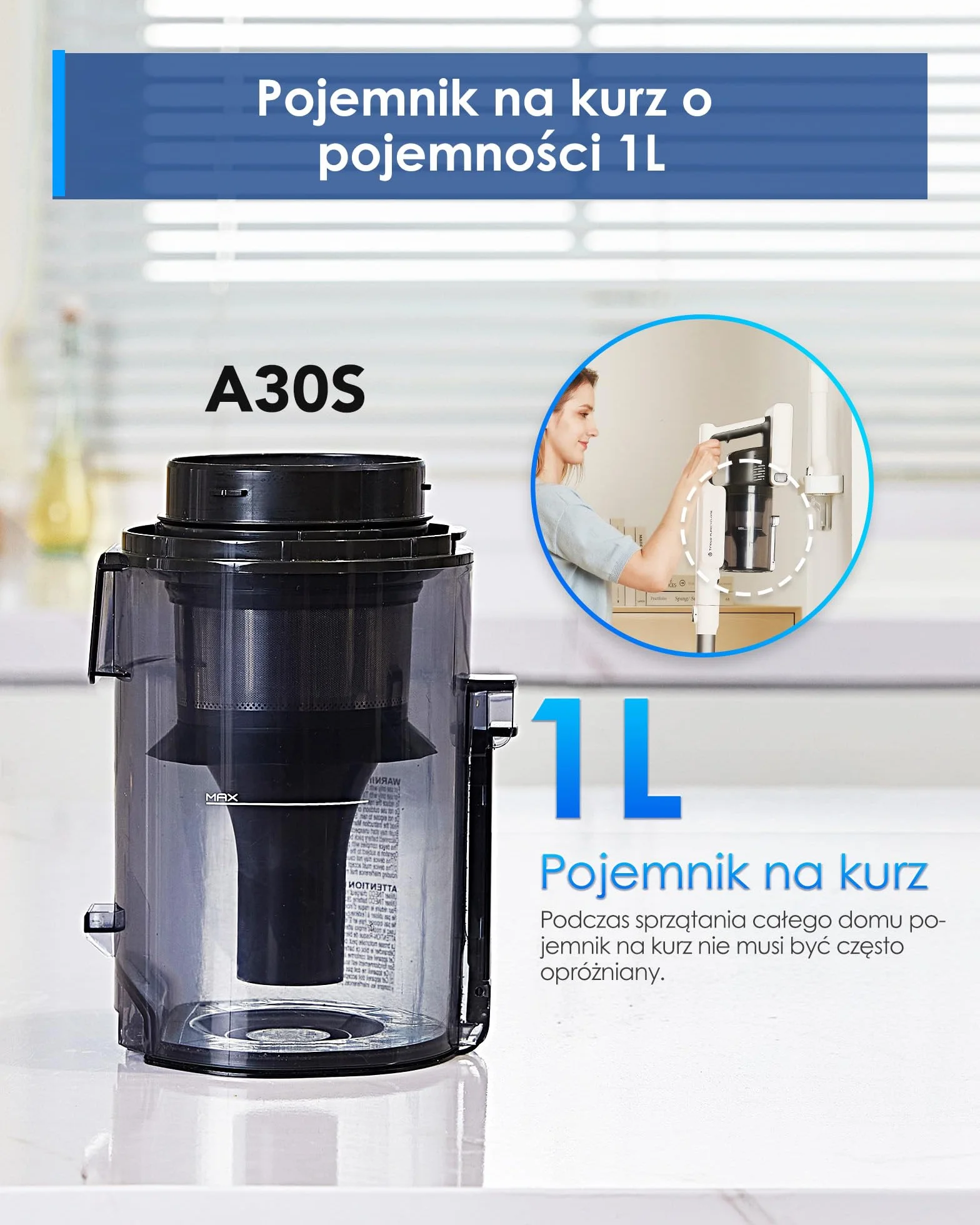 Tineco A30S draadloze steelstofzuiger, 160 W zuigkracht, 60 minuten looptijd, 1 liter grotere vuilnisbak, ZeroTangle-borstel, Tineco PureCyclone Tech, LED-koplamp