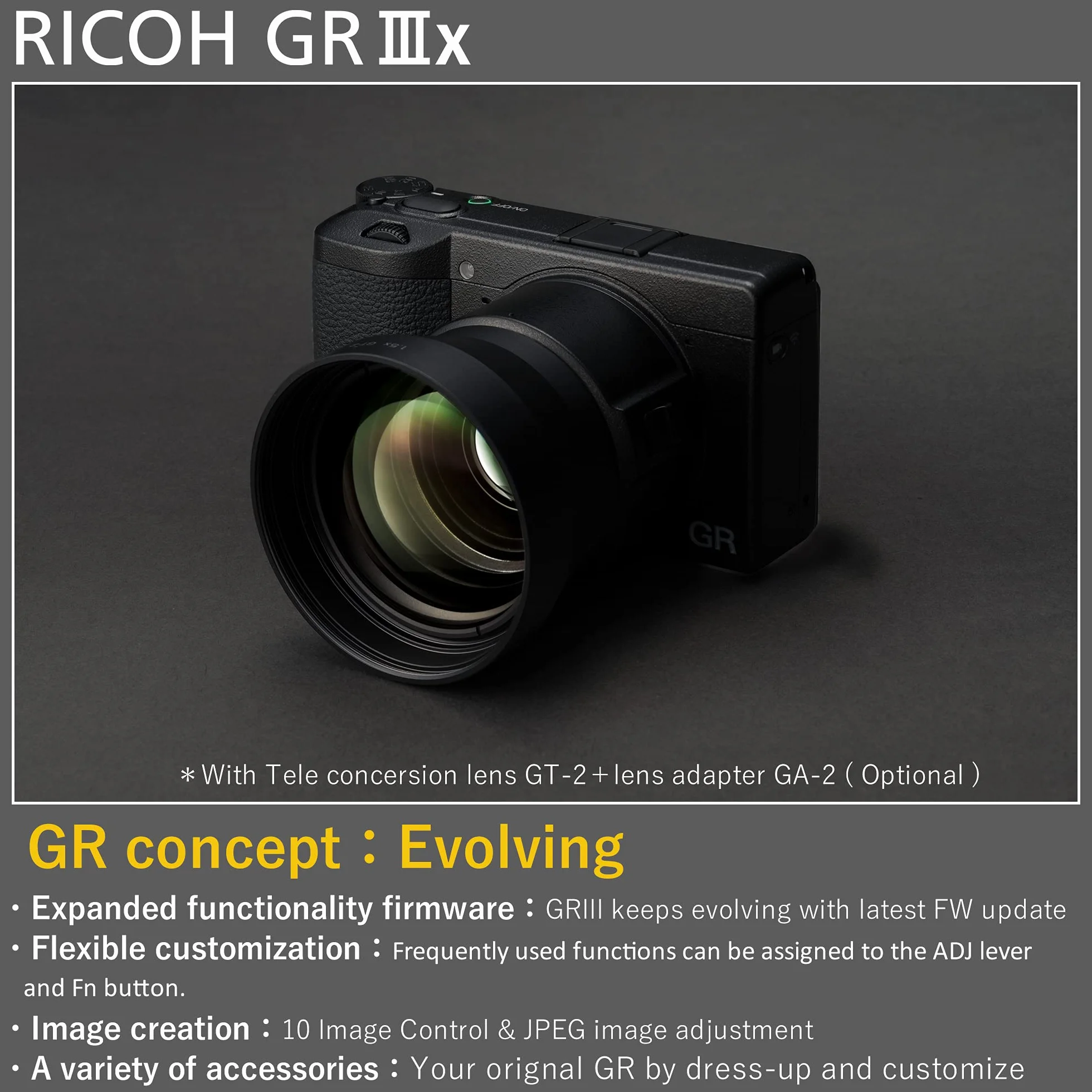 Ricoh Aparat cyfrowy GR IIIx [ogniskowa 40 mm] [Wyposażony w duży czujnik CMOS o rozmiarze 24,2 m APS-C ] [Najlepsza kamera z migawką] [Szybkie uruchamianie w około 0,8 sekundy] [Hybrydowy AF]