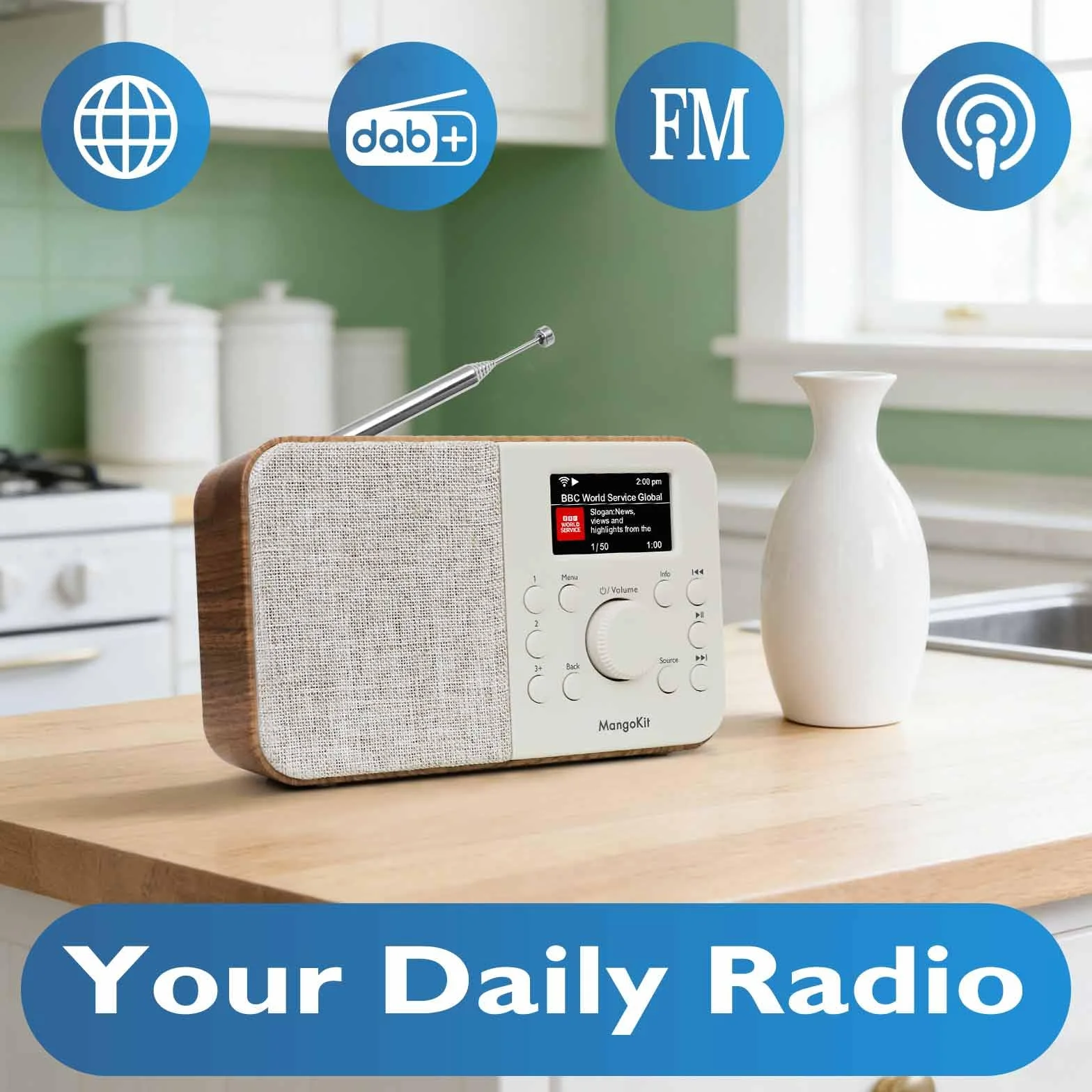 SR-L Przenośne radio DAB z Bluetooth 5.3-DAB+, radio FM i internetowe z Wi-Fi, podcastami, 150 ustawieniami, radio z budzikiem, radio kuchenne z kolorowym wyświetlaczem, zasilanie sieciowe