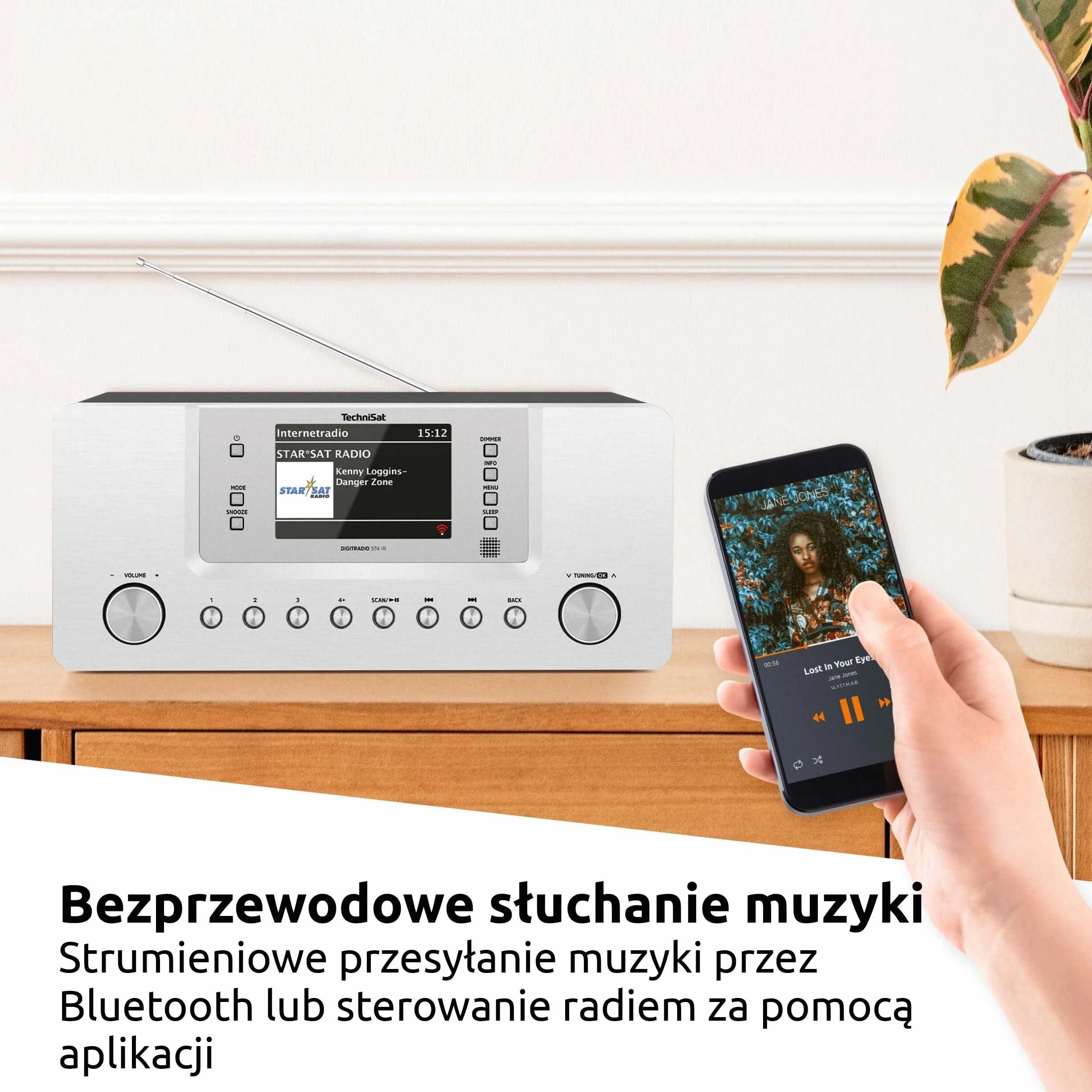 TechniSat DIGITRADIO 574 IR - radio internetowe stereo (DAB+, FM, WLAN, streaming audio Bluetooth, 4-calowy kolorowy wyświetlacz, USB, wejście AUX, gniazdo słuchawkowe, budzik, 10 W, aplikacja/pilot)