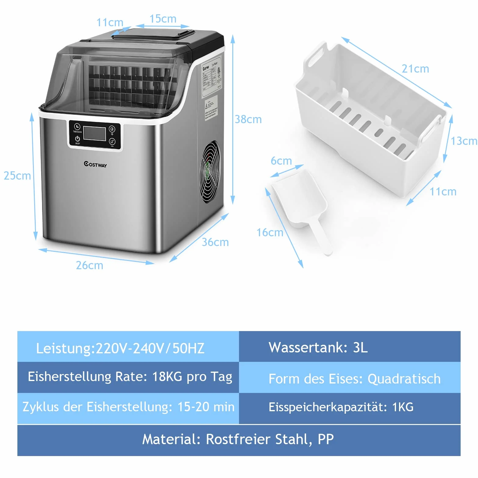 COSTWAY Kostkarka do lodu 3,2L, 24 kostki w 15 min, 18kg/24h, wyświetlacz LCD
