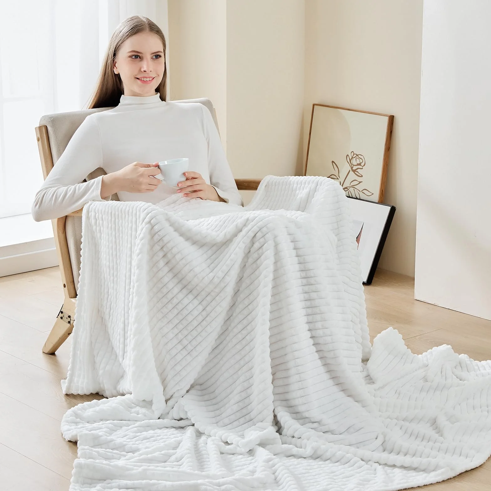 EMME Koc polarowy flanelowy geometryczny wzór siatki biały 125x150 cm