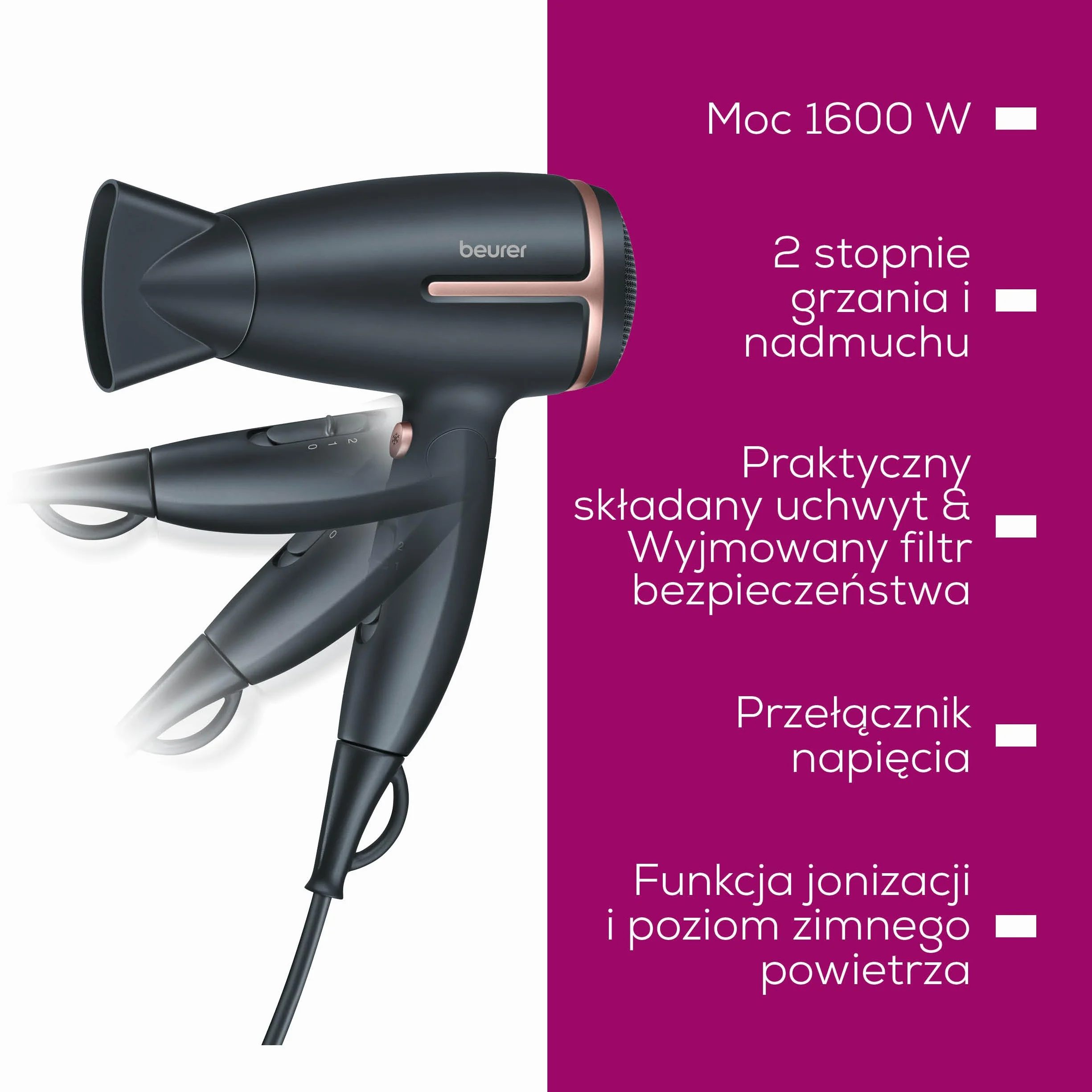 Beurer HC 25 podróżna suszarka do włosów z funkcją jonizacji, mocna, dla miękkich i gładkich włosów, składana, do podróży, 1600 W, regulacja napięcia na całym świecie 110-120/220-240 V