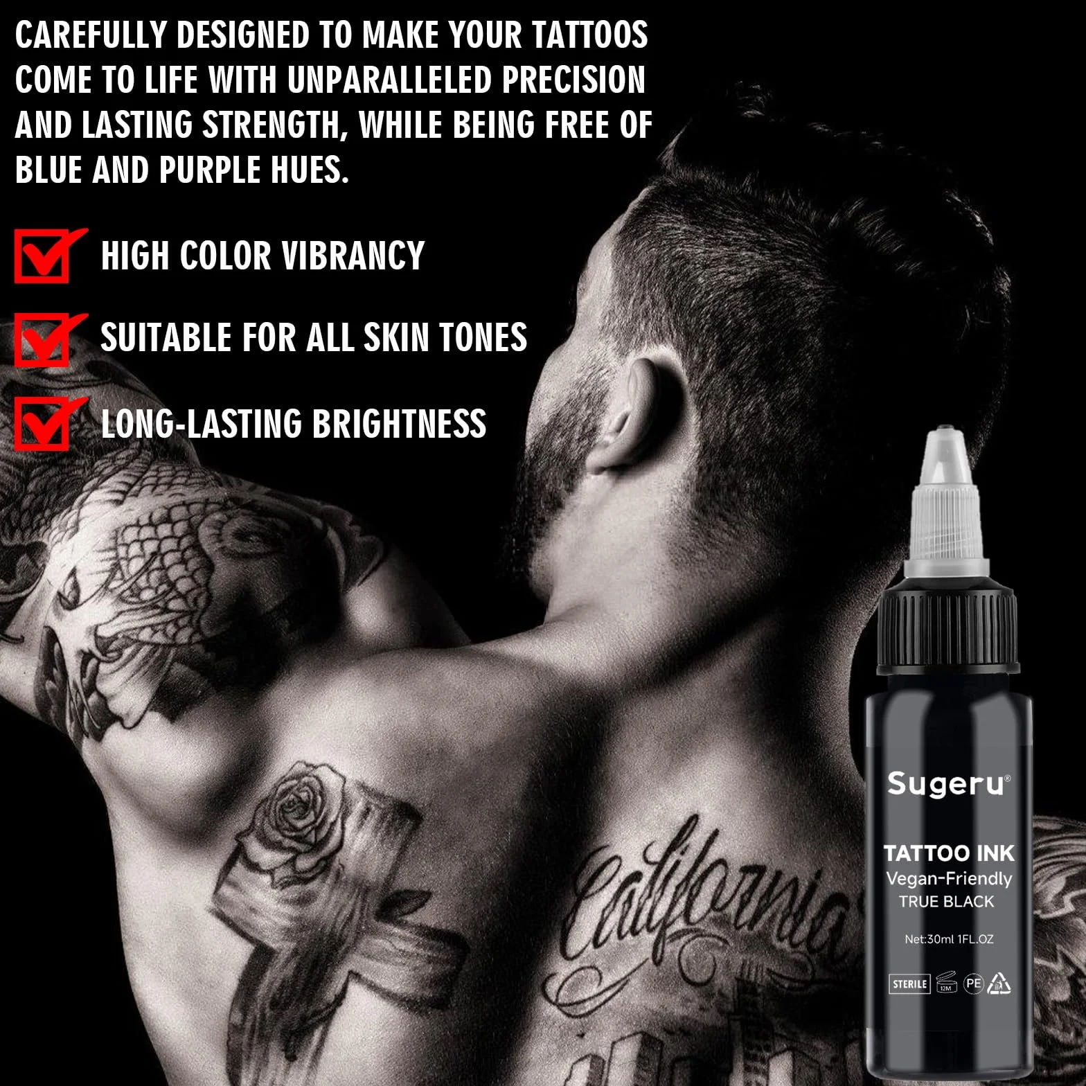 Sugeru® Kolor tatuażu Black – tusz do tatuażu, 30 ml, przyjazny dla wegan, tusz do tatuażu, kolor czarny, trwały kolor, profesjonalny tusz do tatuażu dla artystów tatuażu