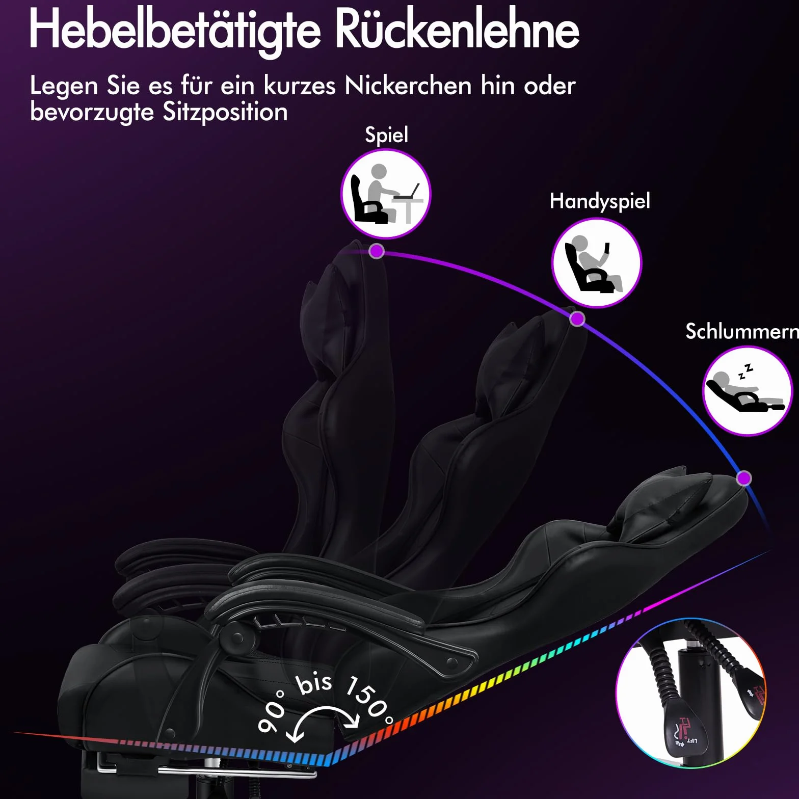 Fotel do masażu dla graczy ALFORDSON, fotel wyścigowy z zagłówkiem, ergonomiczny fotel biurowy, fotel rozkładany, składany podnóżek, oddychająca skóra PU, regulowana wysokość, nośność 180 kg, czarny
