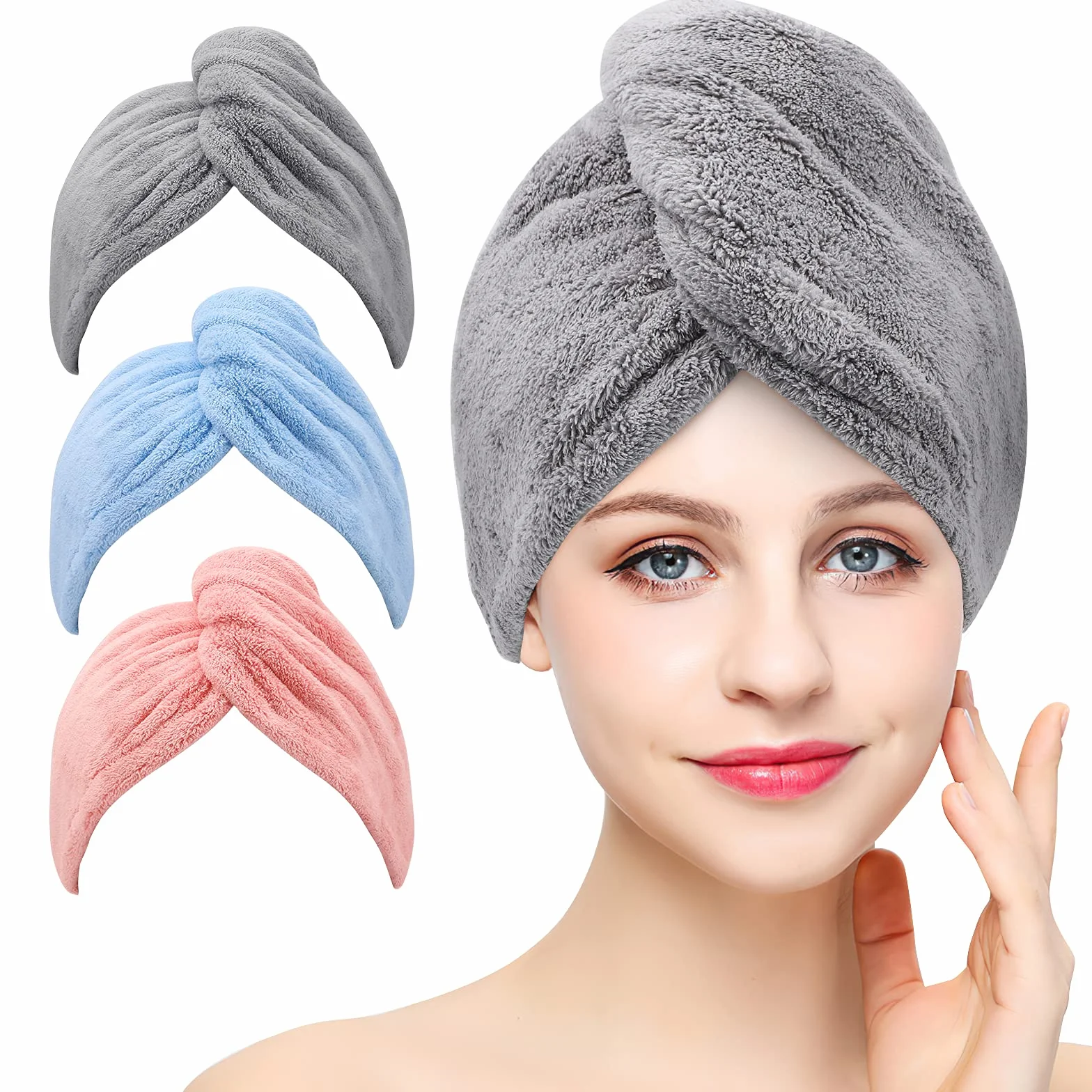 Laicky 3 sztuk Ręcznik do włosów z mikrofibry, super chłonny, skręcany turban, szybkoschnące czepki do włosów z guzikami, pętla do kąpieli, do salonu, czapka do włosów suchych