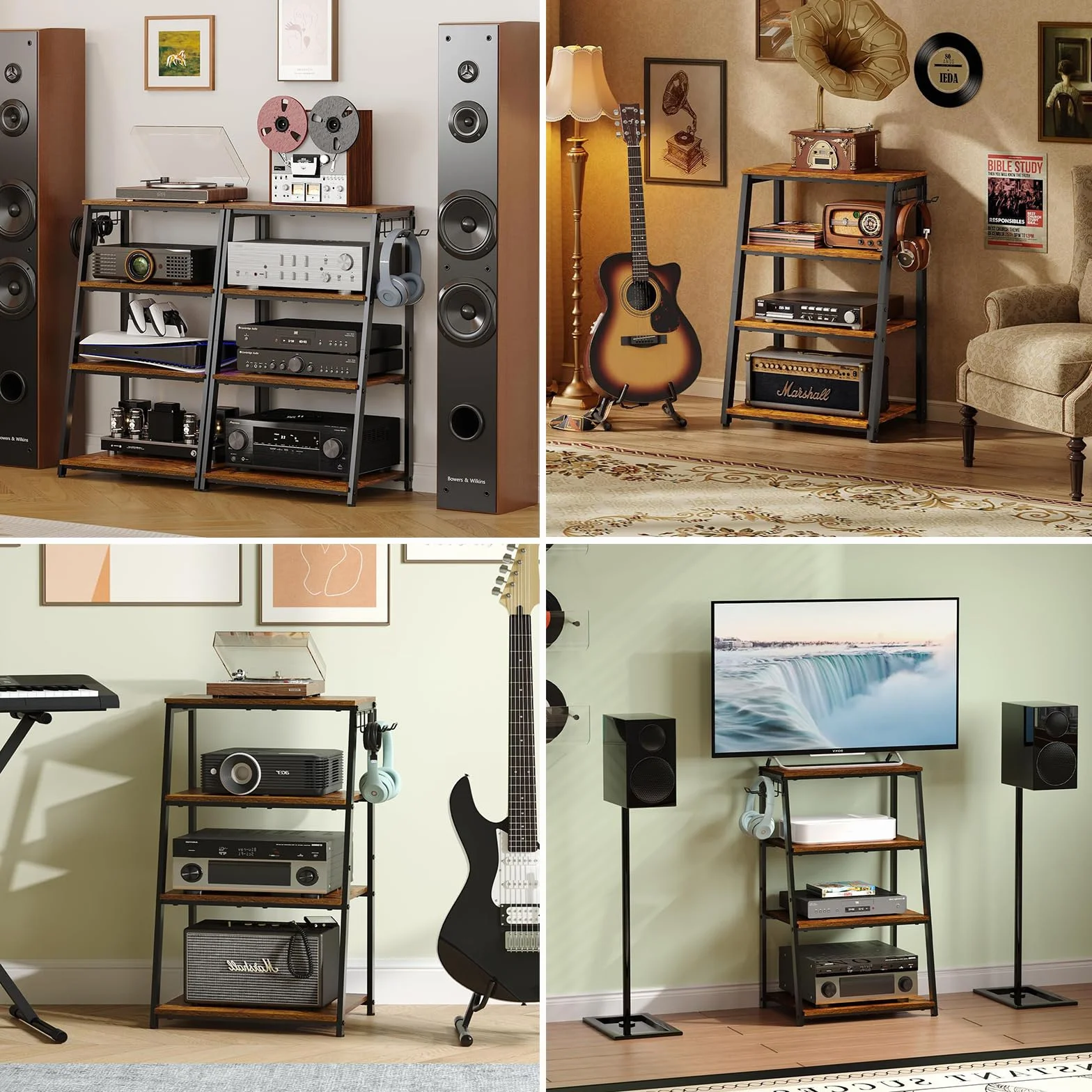 Półka HiFi drewno stal 4-kondygnacyjna haczyki drabina gramofon stereo