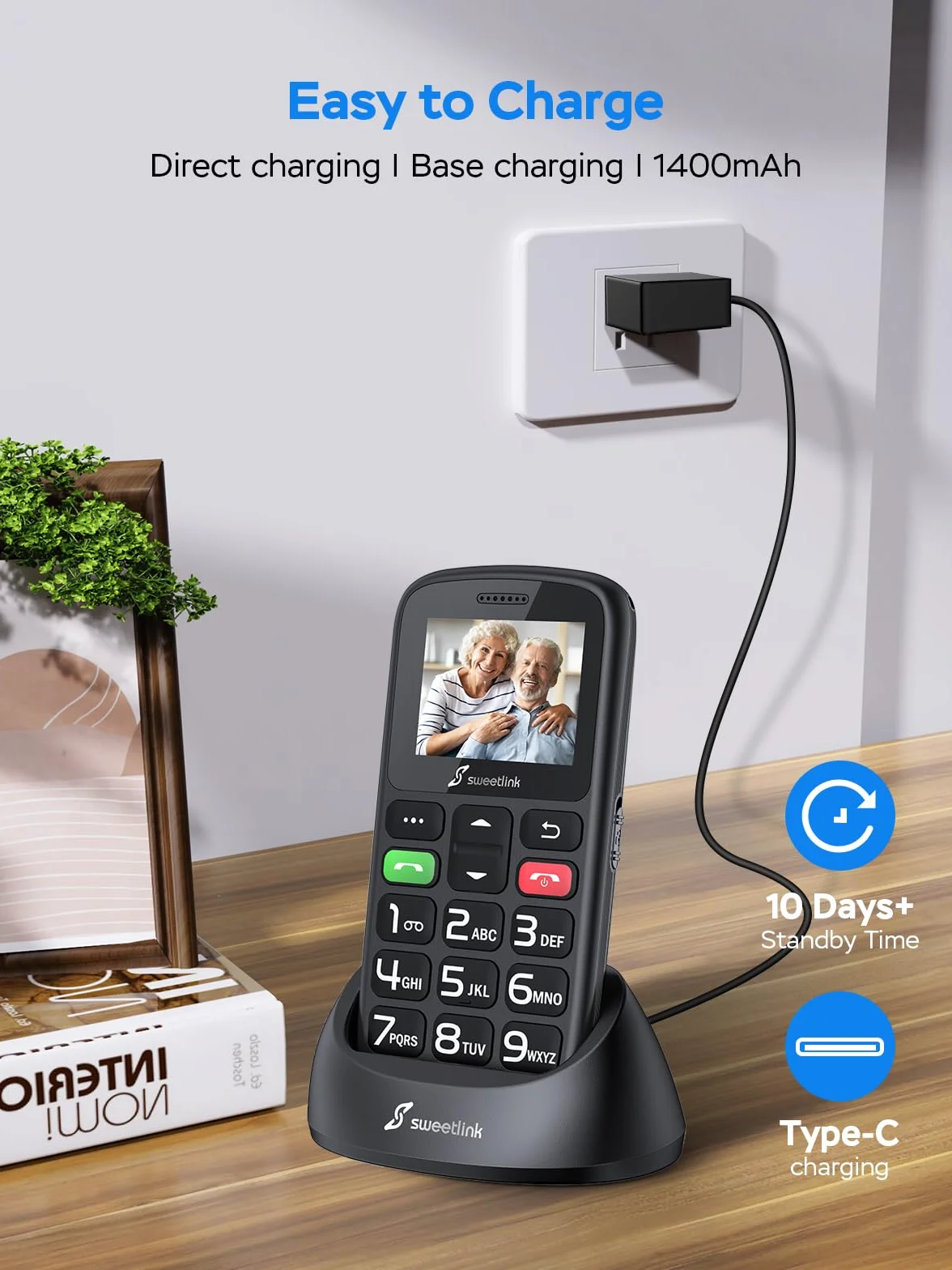 SweetLink Telefon komórkowy dla seniorów z dużymi przyciskami, telefony komórkowe GSM dla seniorów o dużej głośności, kontakty obrazkowe, funkcja SOS, szybkie wybieranie, czarny
