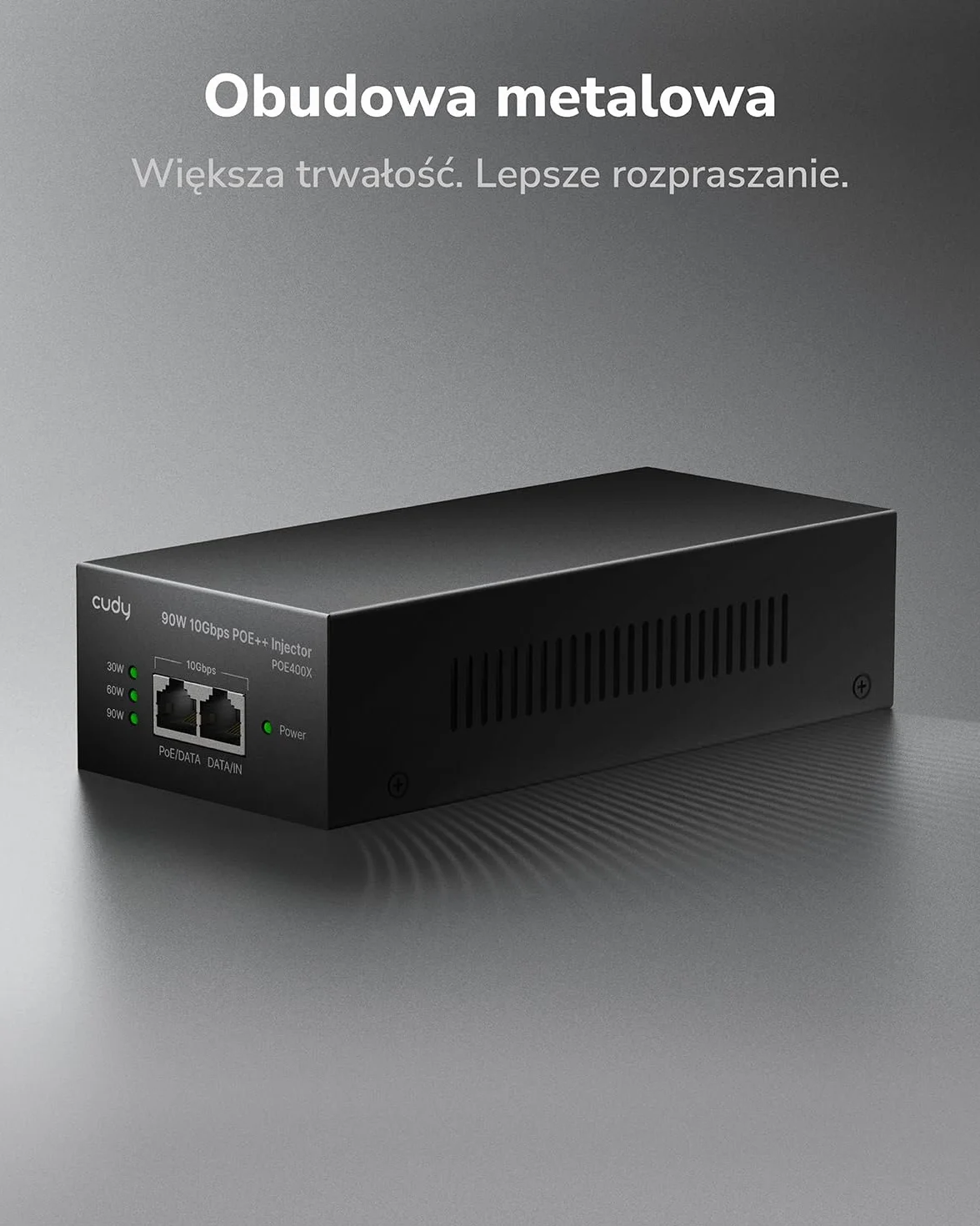 Cudy Adapter wtryskiwacza POE400X 90W 10G Ultra PoE++, zgodny z 802.3bt /802.3at/802.3af, zasilacz Ultra do 90 W, ekranowany RJ-45 10 Gb/s, Plug & Play, metalowa obudowa
