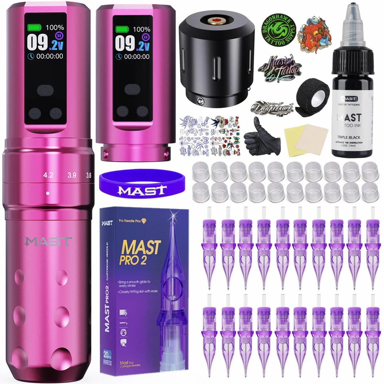 Mast Fold2 Pro Tattoo Machine Kit Wireless Tattoo Gun Machine Pen 2 Batteries 2000mAh RCA Connect for Long Time, Tattoo Needles Cartridges Black Tattoo Ink Complete Kit pink