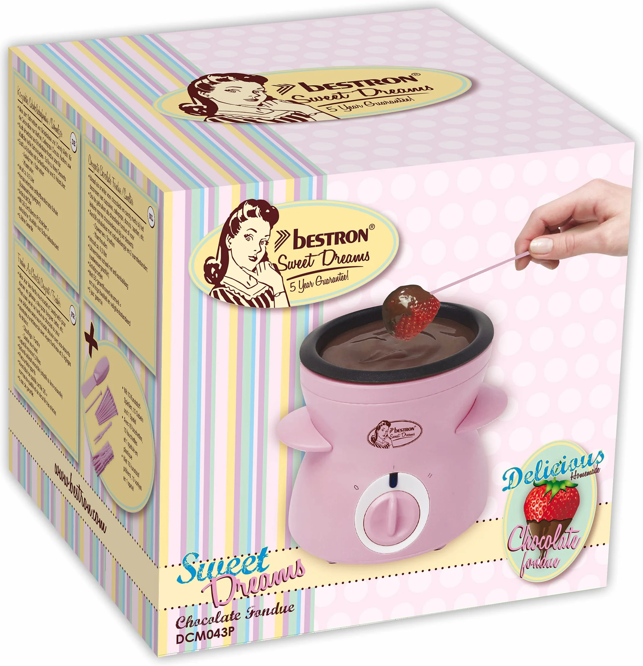 Bestron Czekoladowe fondue dla 2 osób, mini zestaw do fondue czekoladowego, w zestawie: 10 szpikulców, 10 widelców i 1 x szpachelka, 25 W, kolor: różowy